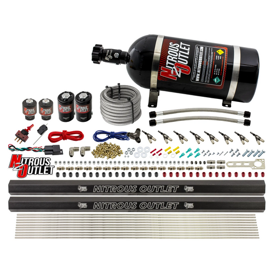 Nitrous Outlet 8 Cylinder Direct Port System - Two .112 Nitrous Solenoids/Two .177 Fuel Solenoids/Two Dual Passage Injection Rails/90 Degree Discharge Nozzles (Alcohol)(5-7-10 psi)(100-400HP)(10lb Bottle)