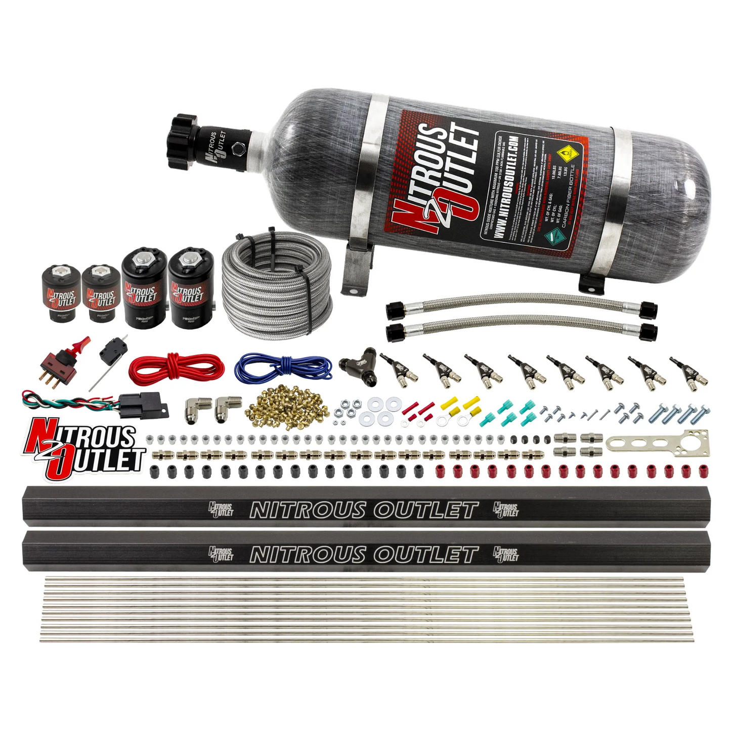 Nitrous Outlet 8 Cylinder Direct Port System - Two .112 Nitrous Solenoids/Two .177 Fuel Solenoids/Two Dual Passage Injection Rails/90 Degree Discharge Nozzles (E85)(5-7-10 psi)(100-400HP)(12lb Bottle)