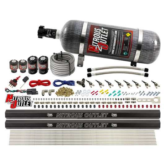 Nitrous Outlet 8 Cylinder Direct Port System - Two .112 Nitrous Solenoids/Two .177 Fuel Solenoids/Two Dual Passage Injection Rails/90 Degree Discharge Nozzles (E85)(5-7-10 psi)(100-400HP)(12lb Bottle)