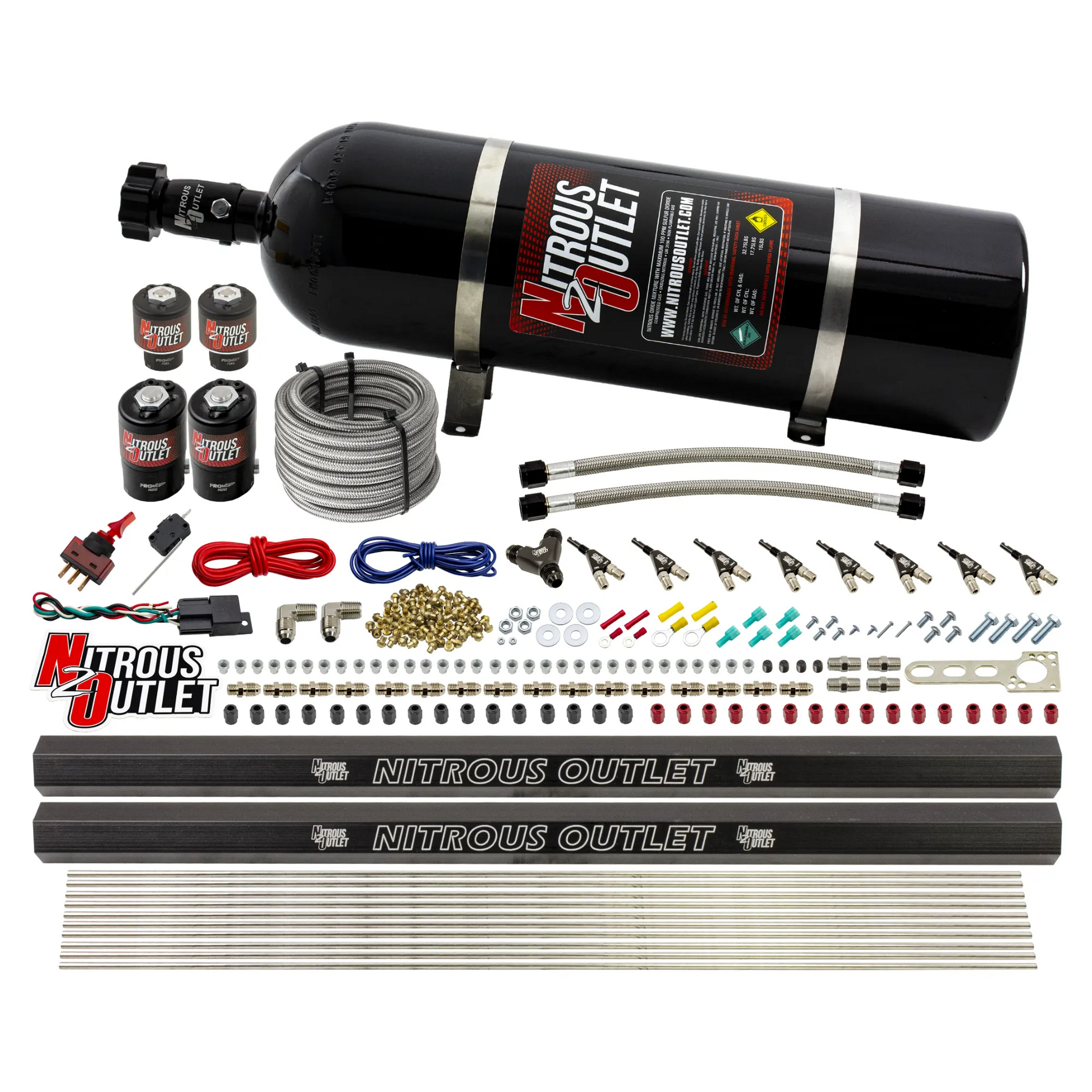 Nitrous Outlet 8 Cylinder Direct Port System - Two .112 Nitrous Solenoids/Two .177 Fuel Solenoids/Two Dual Passage Injection Rails/90 Degree Discharge Nozzles (E85)(5-7-10 psi)(100-400HP)(15lb Bottle)