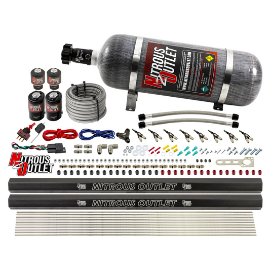 Nitrous Outlet 8 Cylinder Direct Port System - Two .122 Nitrous Solenoids/Two .177 Fuel Solenoids/Two Dual Passage Injection Rails/90 Degree Discharge Nozzles (Gas)(5-7-10 psi)(100-400HP)(12lb Bottle)
