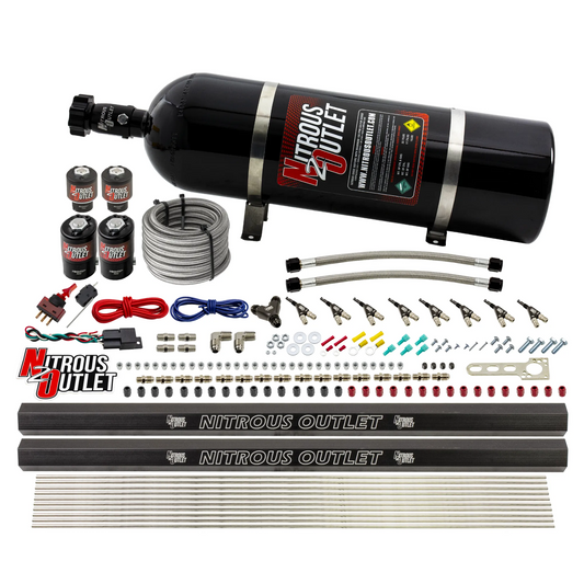 Nitrous Outlet 8 Cylinder Direct Port System - Two .122 Nitrous Solenoids/Two .177 Fuel Solenoids/Two Dual Passage Injection Rails/90 Degree Discharge Nozzles (Gas)(5-7-10 psi)(100-400HP)(15lb Bottle)