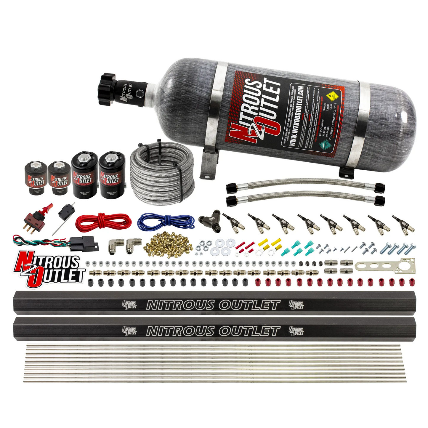Nitrous Outlet 8 Cylinder Direct Port System - Two .112 Nitrous Solenoids/Two .177 Fuel Solenoids/Two Dual Passage Injection Rails/90 Degree Discharge Nozzles (Gas)(5-7-10 psi)(100-400HP)(12lb Bottle)