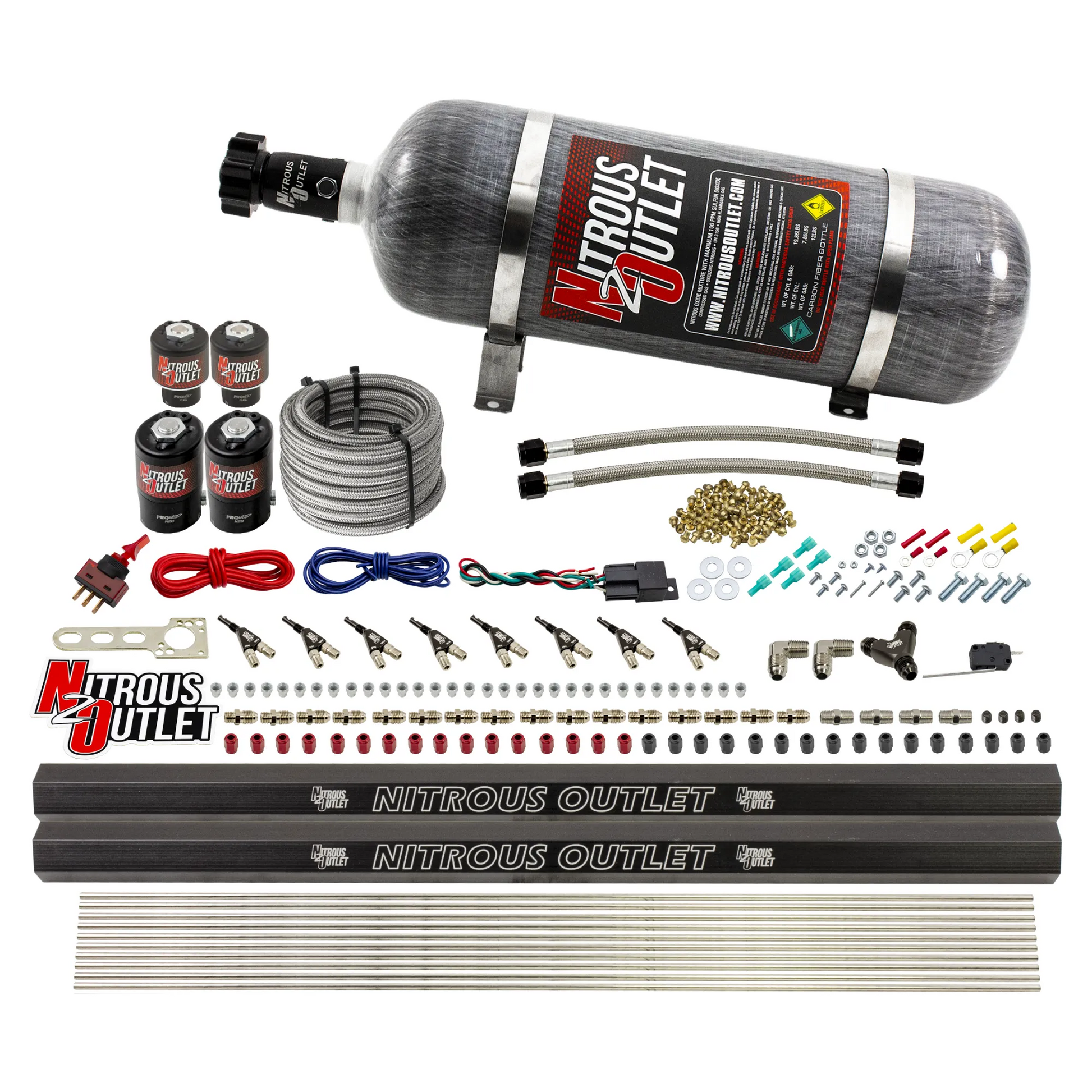Nitrous Outlet 8 Cylinder Direct Port System - Two .112 Nitrous Solenoids/Two .177 Fuel Solenoids/Two Dual Passage Injection Rails/90 Degree Discharge Nozzles (E85)(45-55 psi)(100-400HP)(12lb Bottle)