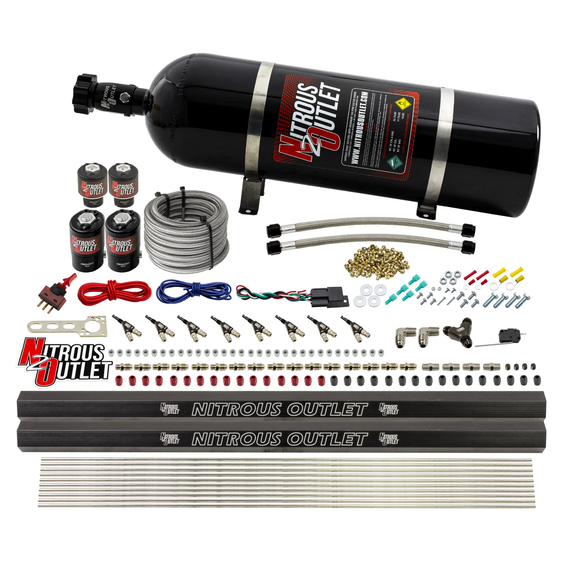 Nitrous Outlet 8 Cylinder Direct Port System - Two .122 Nitrous Solenoids/Two .177 Fuel Solenoids/Two Dual Passage Injection Rails/90 Degree Discharge Nozzles (Gas)(45-55 psi)(100-400HP)(15lb Bottle)