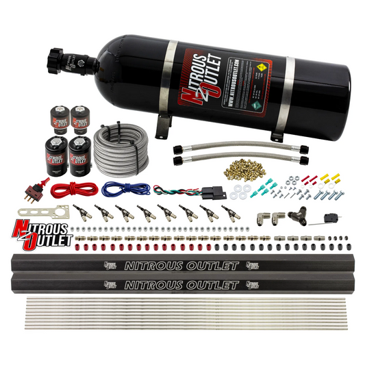 Nitrous Outlet 8 Cylinder Direct Port System - Two .122 Nitrous Solenoids/Two .177 Fuel Solenoids/Two Dual Passage Injection Rails/90 Degree Discharge Nozzles (Gas)(45-55 psi)(100-400HP)(15lb Bottle)