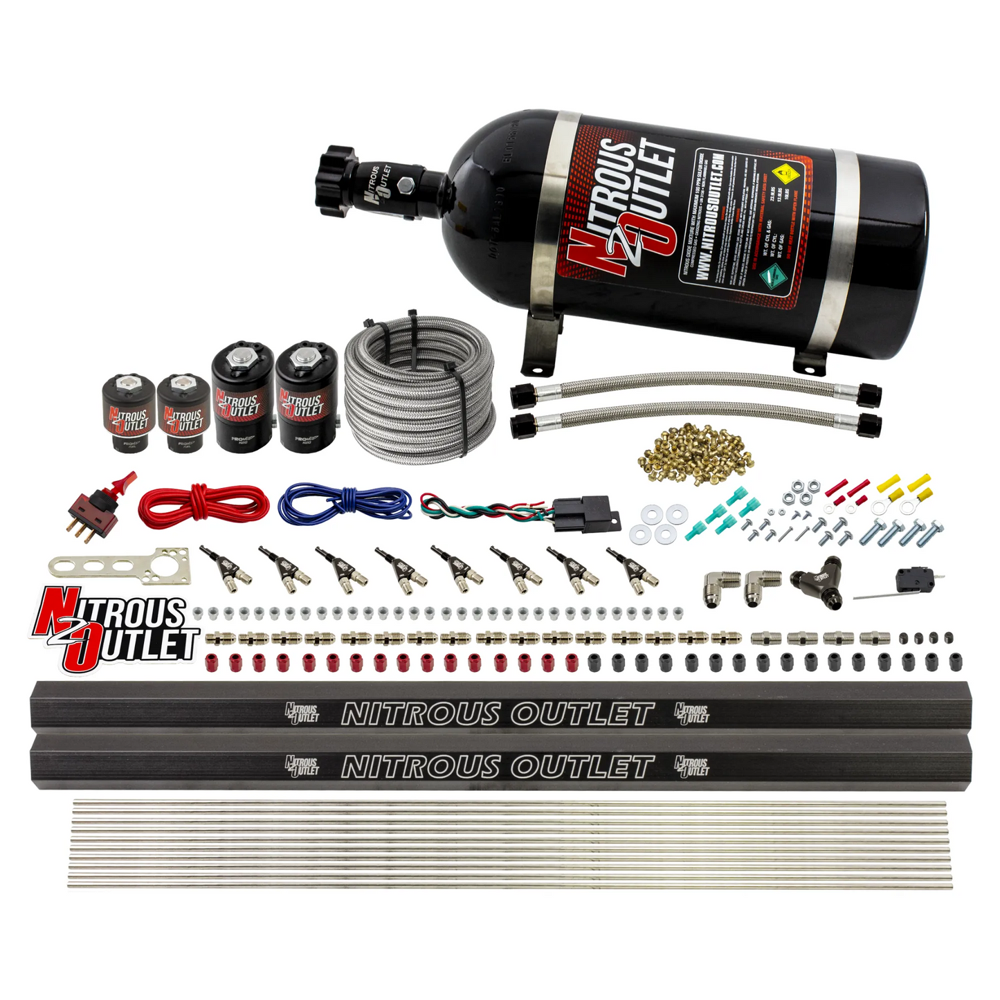 Nitrous Outlet 8 Cylinder Direct Port System - Two .112 Nitrous Solenoids/Two .177 Fuel Solenoids/Two Dual Passage Injection Rails/90 Degree Discharge Nozzles (Gas)(45-55 psi)(100-400HP)(10lb Bottle)