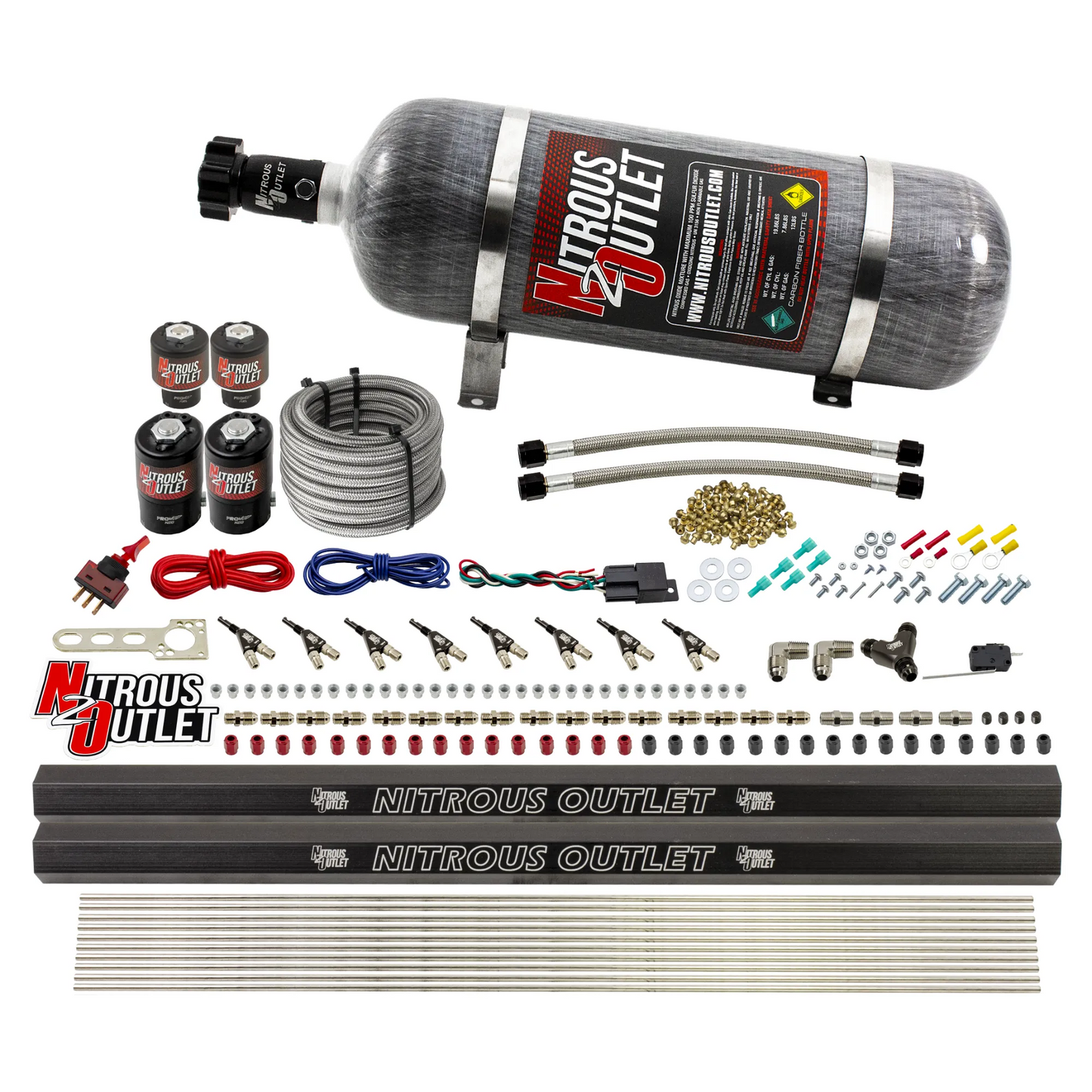 Nitrous Outlet 8 Cylinder Direct Port System - Two .112 Nitrous Solenoids/Two .177 Fuel Solenoids/Two Dual Passage Injection Rails/90 Degree Discharge Nozzles (Gas)(45-55 psi)(100-400HP)(12lb Bottle)