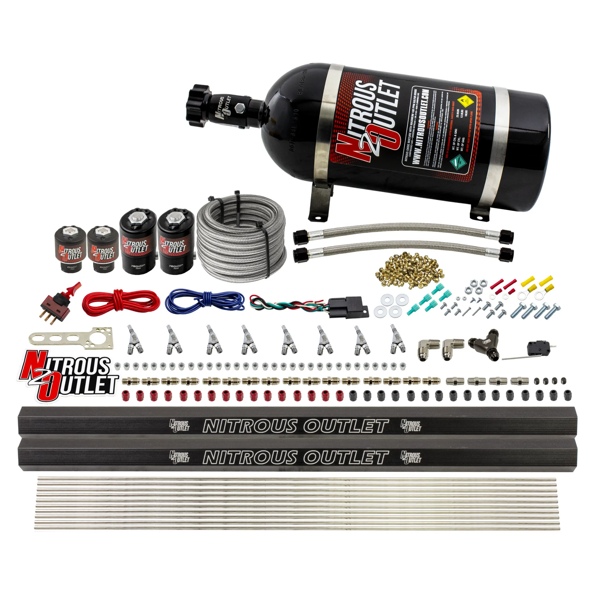 Nitrous Outlet 8 Cylinder Direct Port System - Two .112 Nitrous Solenoids/Two .177 Fuel Solenoids/Two Dual Passage Injection Rails/Annular Discharge Nozzles (E85)(45-55 psi)(100-400HP)(10lb Bottle)