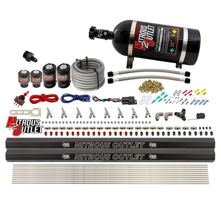 Nitrous Outlet 8 Cylinder Direct Port System - Two .112 Nitrous Solenoids/Two .177 Fuel Solenoids/Two Dual Passage Injection Rails/Annular Discharge Nozzles (Gas)(45-55 psi)(100-400HP)(10lb Bottle)