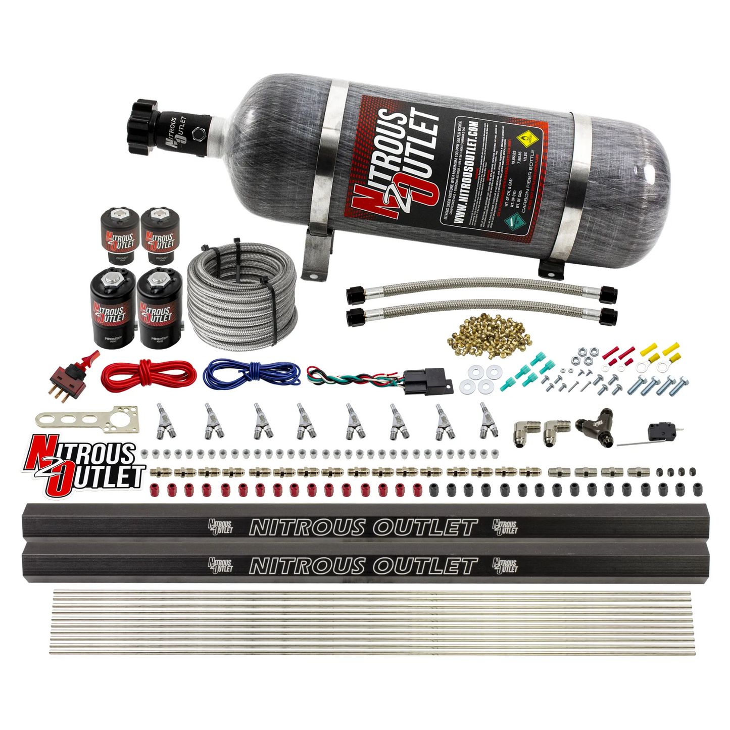 Nitrous Outlet 8 Cylinder Direct Port System - Two .112 Nitrous Solenoids/Two .177 Fuel Solenoids/Two Dual Passage Injection Rails/Annular Discharge Nozzles (E85)(45-55 psi)(100-400HP)(12lb Bottle)