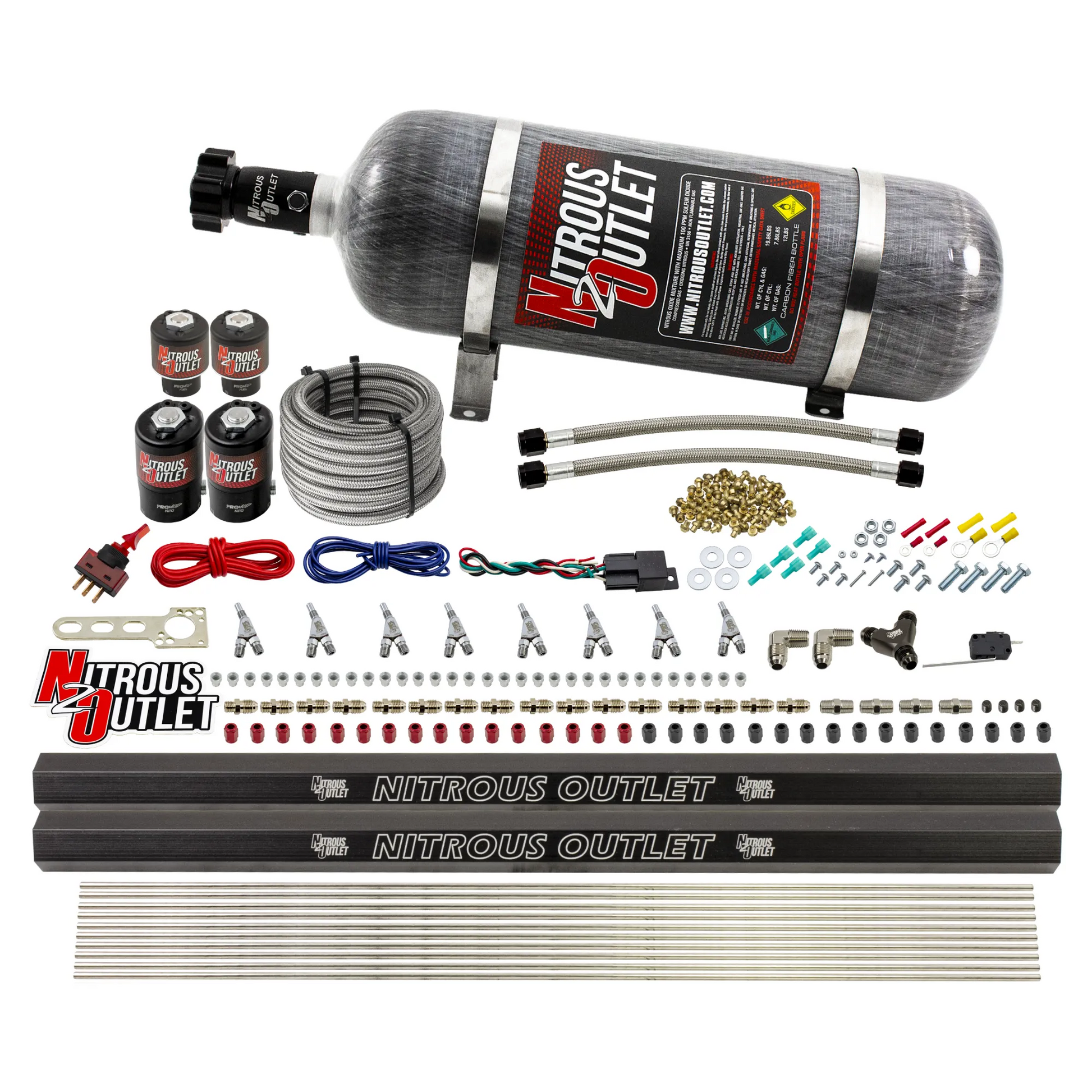 Nitrous Outlet 8 Cylinder Direct Port System - Two .112 Nitrous Solenoids/Two .177 Fuel Solenoids/Two Dual Passage Injection Rails/Annular Discharge Nozzles (E85)(45-55 psi)(100-400HP)(12lb Bottle)