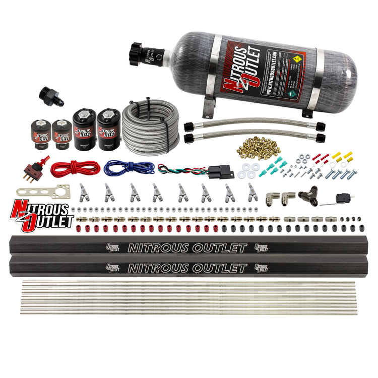 Nitrous Outlet 8 Cylinder Direct Port System - Two .112 Nitrous Solenoids/Two .177 Fuel Solenoids/Two Dual Passage Injection Rails/Annular Discharge Nozzles (Gas)(45-55 psi)(100-400HP)(12lb Bottle)