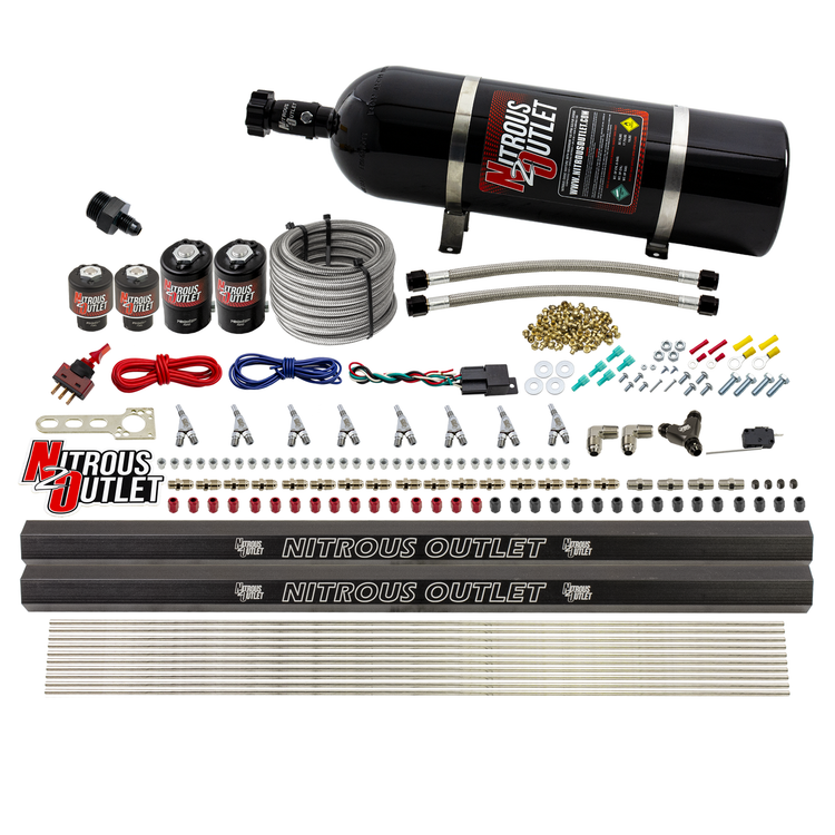 Nitrous Outlet 8 Cylinder Direct Port System - Two .112 Nitrous Solenoids/Two .177 Fuel Solenoids/Two Dual Passage Injection Rails/Annular Discharge Nozzles (Gas)(45-55 psi)(100-400HP)(15lb Bottle)