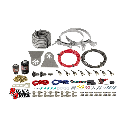 Nitrous Outlet 8 Cylinder Direct Port System - .122 Nitrous Solenoids/.177 Fuel Solenoids/Nylon Hose/Showerhead Distribution Blocks/90 Degree Discharge Nozzles (Gas)(5-7-10 psi)(100-500HP)(No Bottle)