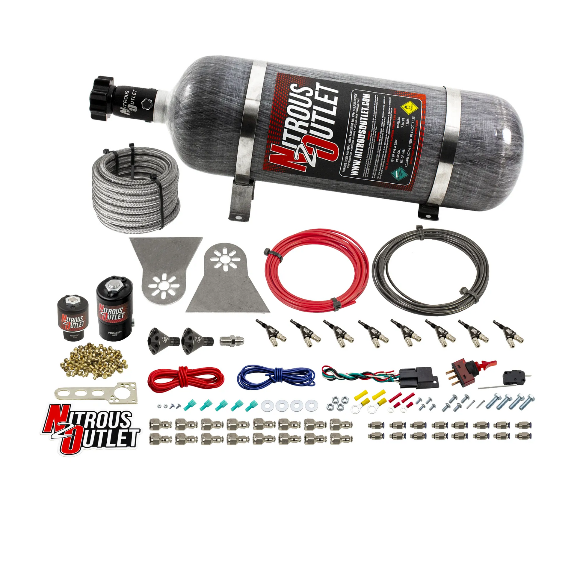 Nitrous Outlet 8 Cylinder Direct Port System - .122 Nitrous Solenoids/.177 Fuel Solenoids/Nylon Hose/Showerhead Distribution Blocks/90 Degree Discharge Nozzles (Gas)(5-7-10 psi)(100-500HP)(12lb Bottle)