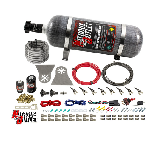 Nitrous Outlet 8 Cylinder Direct Port System - .122 Nitrous Solenoids/.177 Fuel Solenoids/Nylon Hose/Showerhead Distribution Blocks/90 Degree Discharge Nozzles (Gas)(5-7-10 psi)(100-500HP)(12lb Bottle)