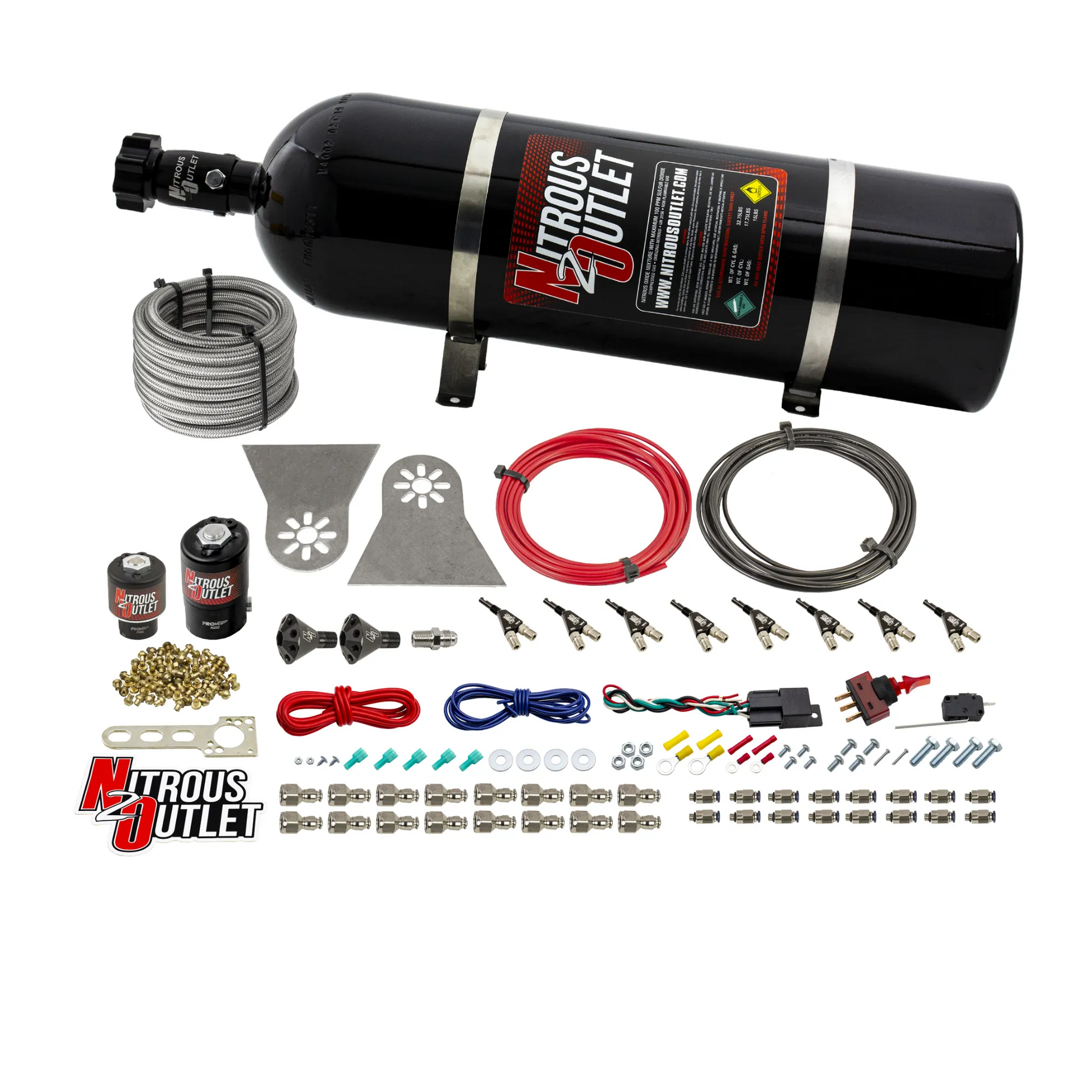 Nitrous Outlet 8 Cylinder Direct Port System - .122 Nitrous Solenoids/.177 Fuel Solenoids/Nylon Hose/Showerhead Distribution Blocks/90 Degree Discharge Nozzles (Gas)(5-7-10 psi)(100-500HP)(15lb Bottle)