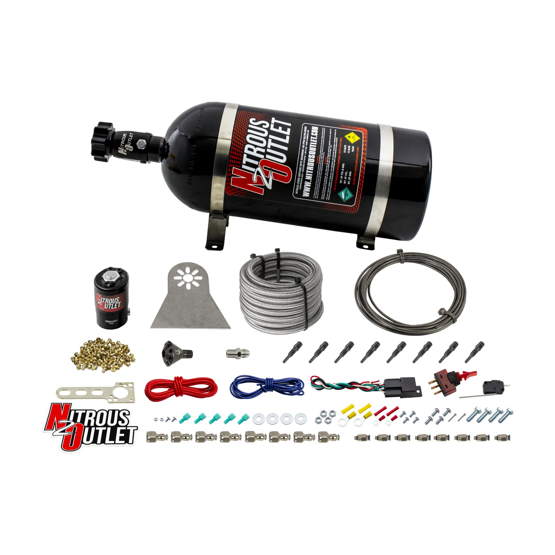 Nitrous Outlet Dry 8 Cylinder Direct Port System - .122 Nitrous Solenoids/Nylon Hose/Showerhead Distribution Blocks/90 Degree Discharge Nozzles (100-500HP)(10lb Bottle)