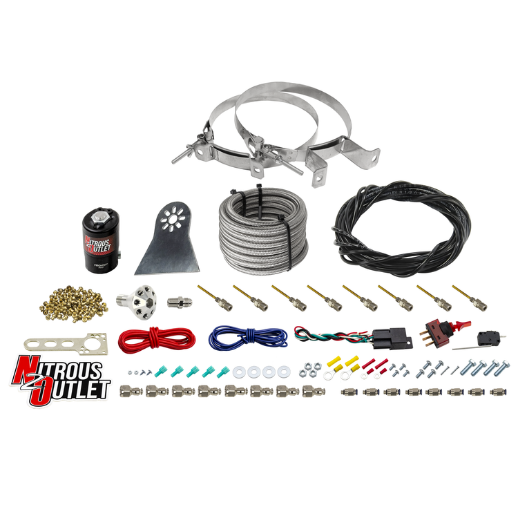 Nitrous Outlet Dry 8 Cylinder Direct Port System - .122 Nitrous Solenoids/Nylon Hose/Showerhead Distribution Blocks/Plate Fittings (100-500HP)(No Bottle)