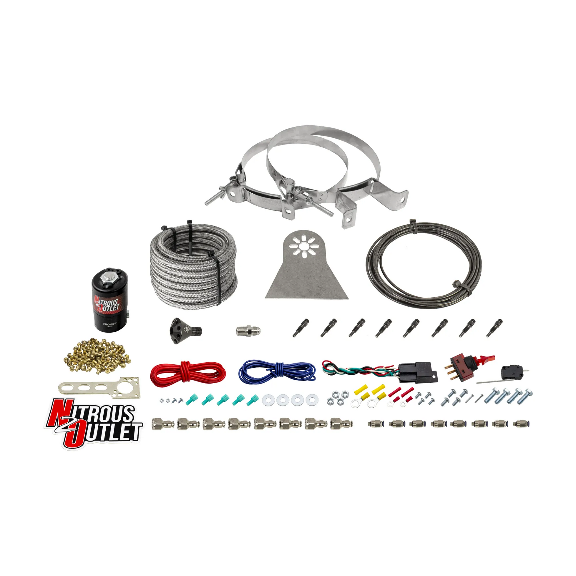 Nitrous Outlet Dry 8 Cylinder Direct Port System - .122 Nitrous Solenoids/Nylon Hose/Showerhead Distribution Blocks/Straight Discharge Nozzles (100-500HP)(No Bottle)