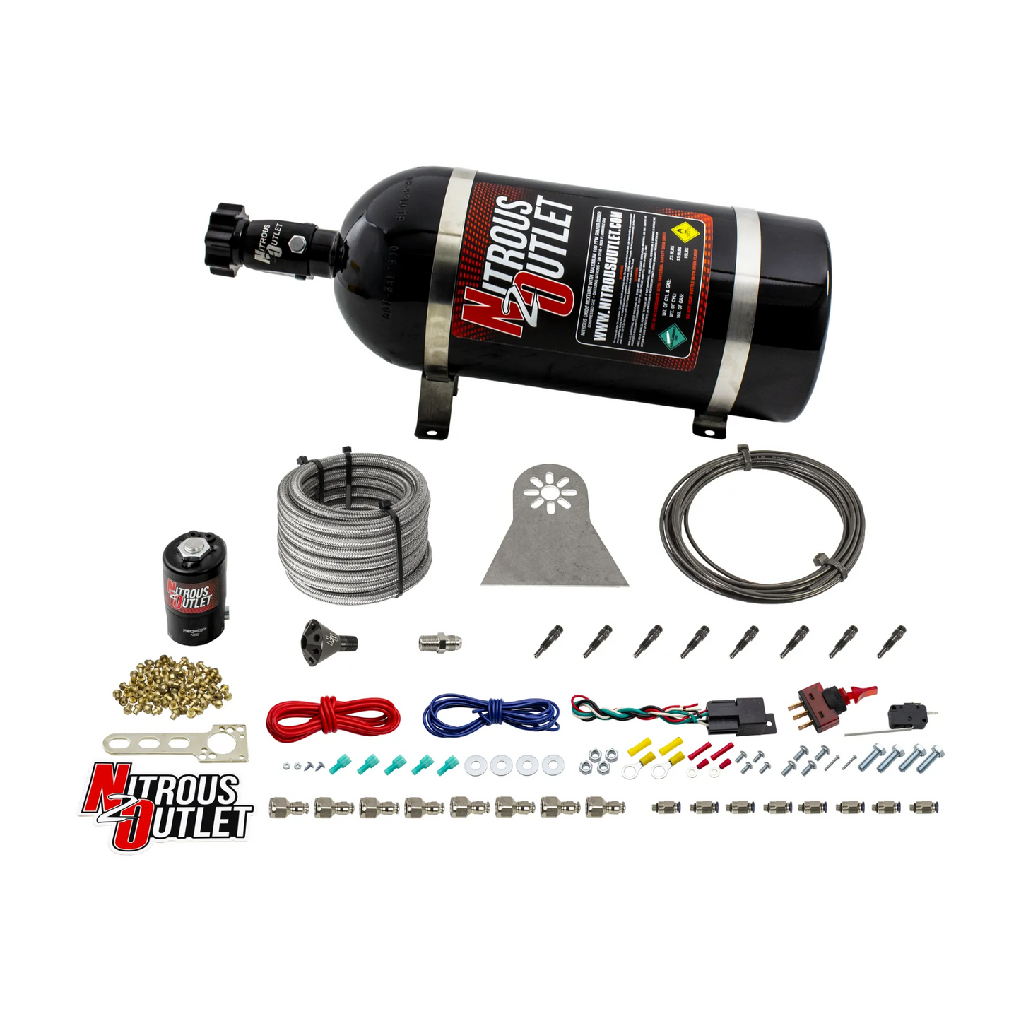 Nitrous Outlet Dry 8 Cylinder Direct Port System - .122 Nitrous Solenoids/Nylon Hose/Showerhead Distribution Blocks/Straight Discharge Nozzles (100-500HP)(10lb Bottle)