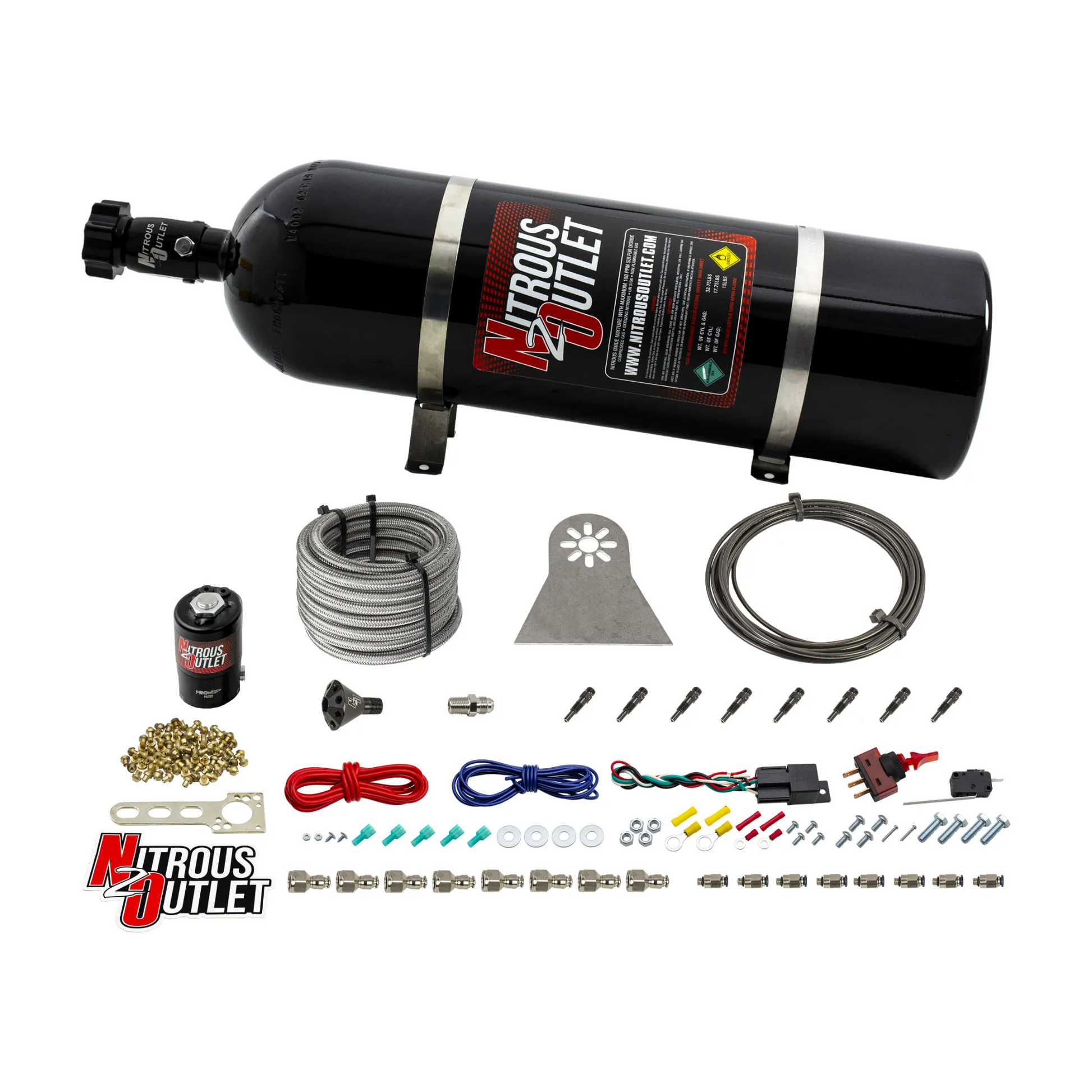 Nitrous Outlet Dry 8 Cylinder Direct Port System - .122 Nitrous Solenoids/Nylon Hose/Showerhead Distribution Blocks/Straight Discharge Nozzles (100-500HP)(15lb Bottle)