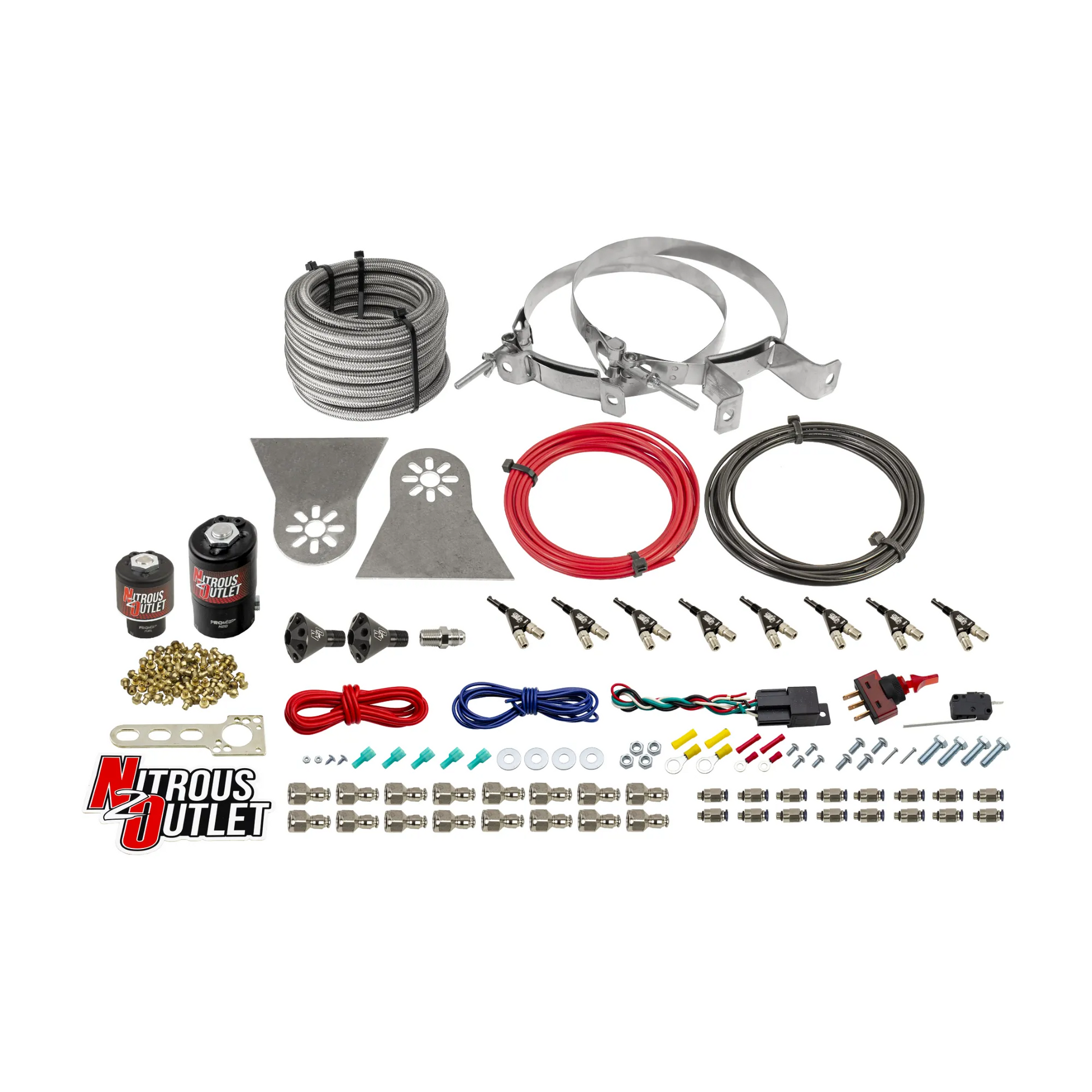 Nitrous Outlet 8 Cylinder Direct Port System - .112 Nitrous Solenoids/.177 Fuel Solenoids/Nylon Hose/Showerhead Distribution Blocks/90 Degree Discharge Nozzles (Gas)(5-7-10 psi)(100-400HP)(No Bottle)