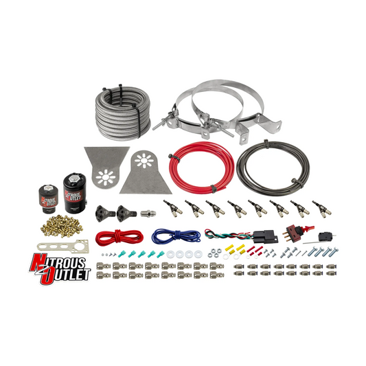 Nitrous Outlet 8 Cylinder Direct Port System - .112 Nitrous Solenoids/.177 Fuel Solenoids/Nylon Hose/Showerhead Distribution Blocks/90 Degree Discharge Nozzles (Gas)(5-7-10 psi)(100-400HP)(No Bottle)