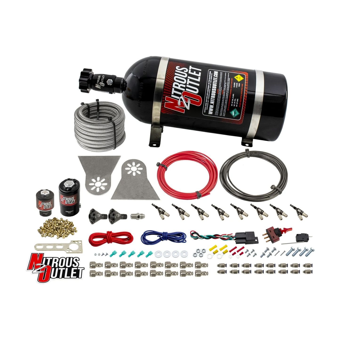 Nitrous Outlet 8 Cylinder Direct Port System - .112 Nitrous Solenoids/.177 Fuel Solenoids/Nylon Hose/Showerhead Distribution Blocks/90 Degree Discharge Nozzles (Gas)(5-7-10 psi)(100-400HP)(10lb Bottle)