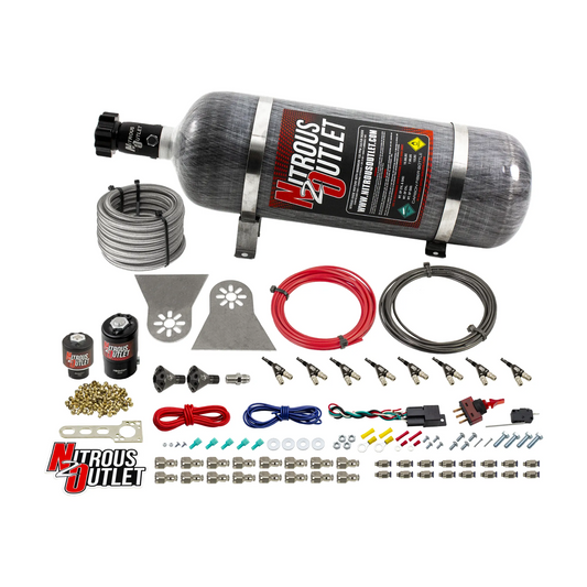 Nitrous Outlet 8 Cylinder Direct Port System - .112 Nitrous Solenoids/.177 Fuel Solenoids/Nylon Hose/Showerhead Distribution Blocks/90 Degree Discharge Nozzles (Gas)(5-7-10 psi)(100-400HP)(12lb Bottle)