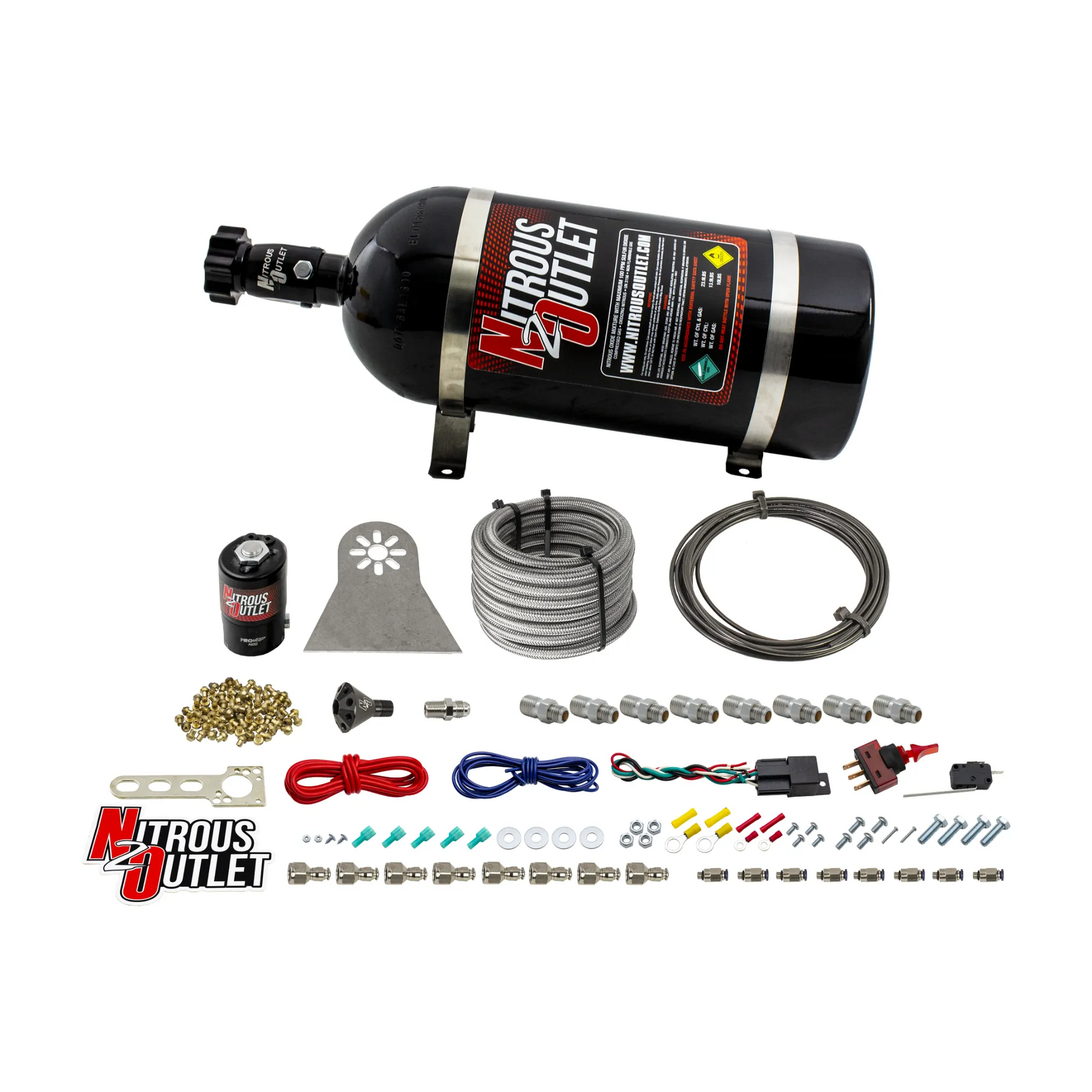 Nitrous Outlet Dry 8 Cylinder Direct Port System - .112 Nitrous Solenoids/Nylon Hose/Showerhead Distribution Blocks/Plate Fittings (100-400HP)(10lb Bottle)