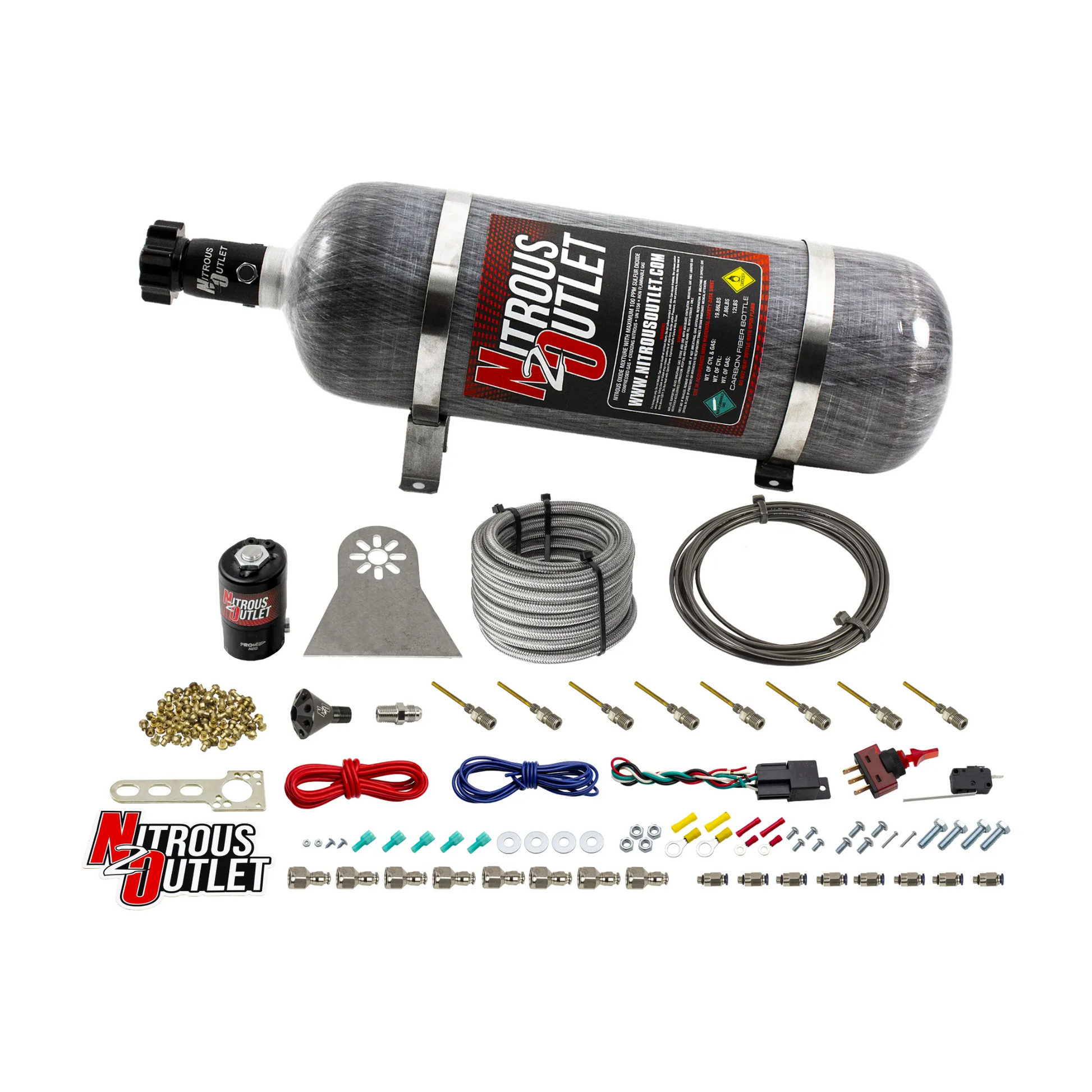 Nitrous Outlet Dry 8 Cylinder Direct Port System - .112 Nitrous Solenoids/Nylon Hose/Showerhead Distribution Blocks/Plate Fittings (100-400HP)(12lb Bottle)