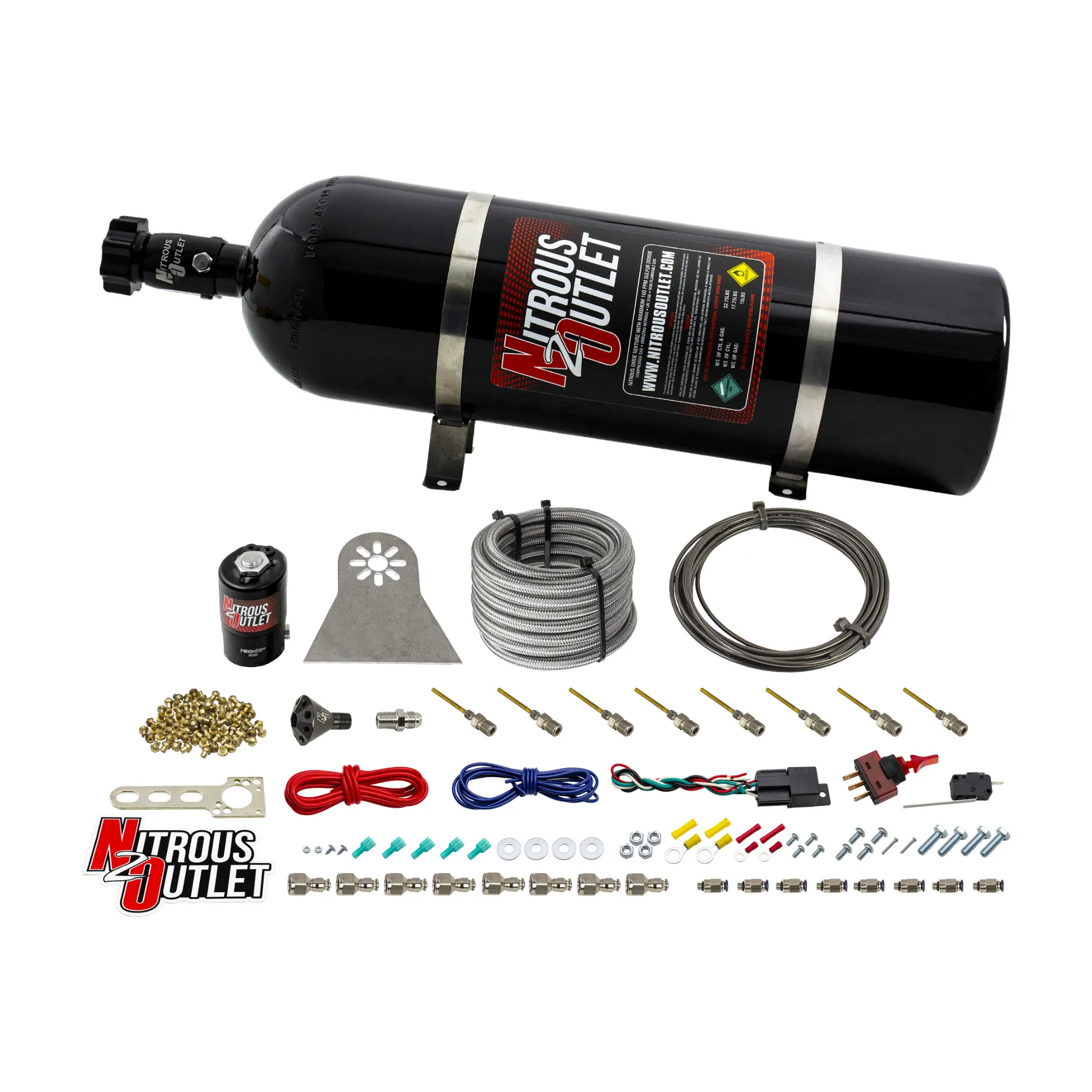 Nitrous Outlet Dry 8 Cylinder Direct Port System - .112 Nitrous Solenoids/Nylon Hose/Showerhead Distribution Blocks/Plate Fittings (100-400HP)(15lb Bottle)