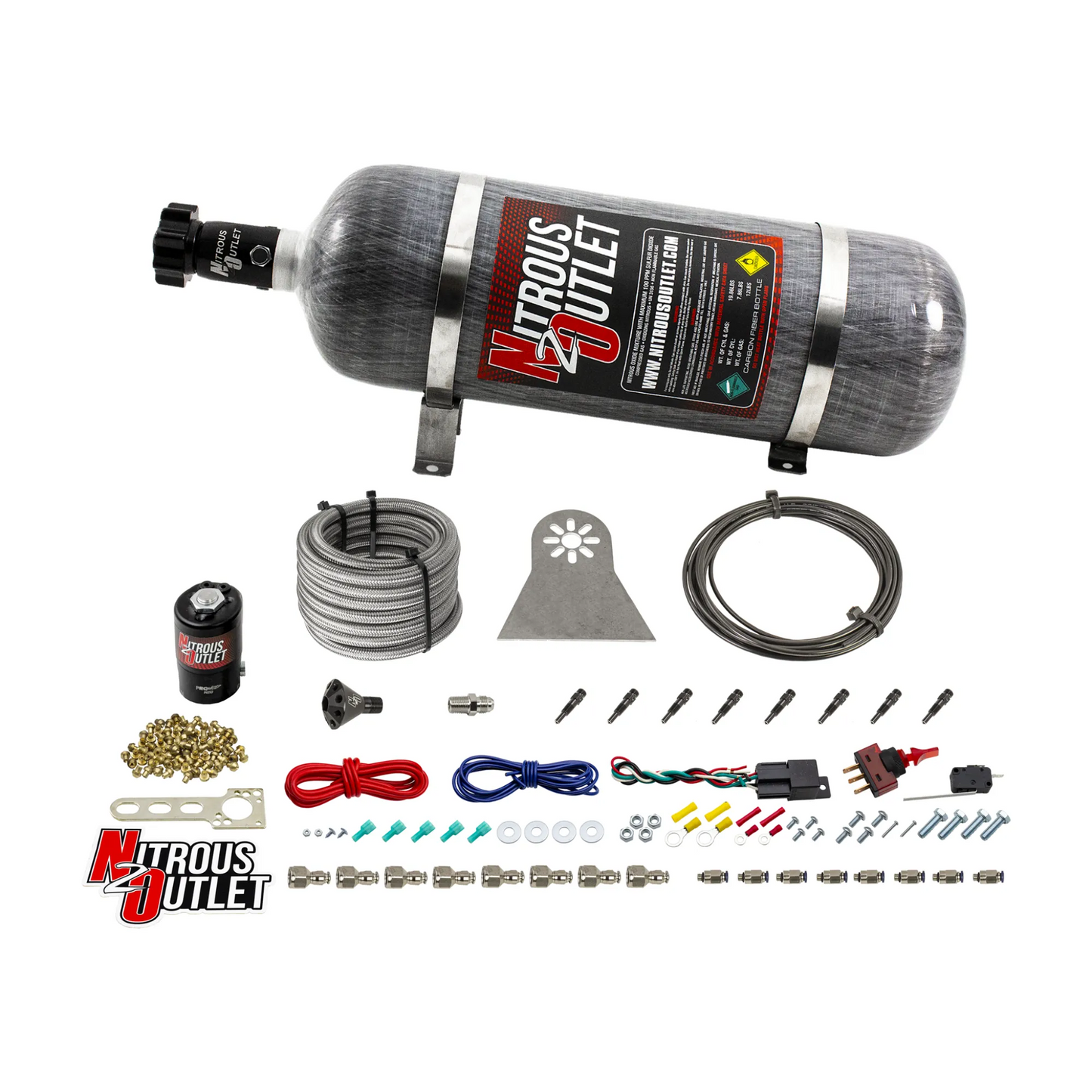 Nitrous Outlet Dry 8 Cylinder Direct Port System - .112 Nitrous Solenoids/Nylon Hose/Showerhead Distribution Blocks/Straight Discharge Nozzles (100-400HP)(12lb Bottle)