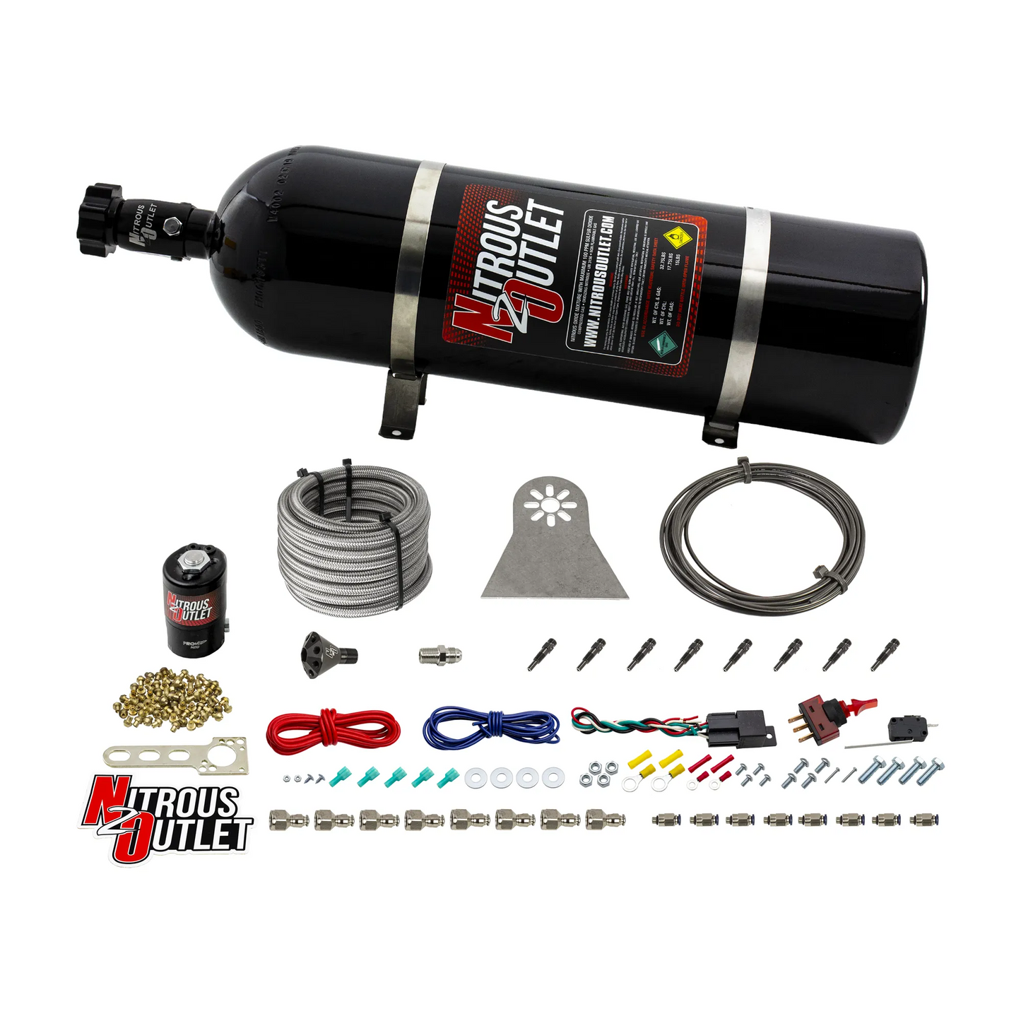 Nitrous Outlet Dry 8 Cylinder Direct Port System - .112 Nitrous Solenoids/Nylon Hose/Showerhead Distribution Blocks/Straight Discharge Nozzles (100-400HP)(15lb Bottle)