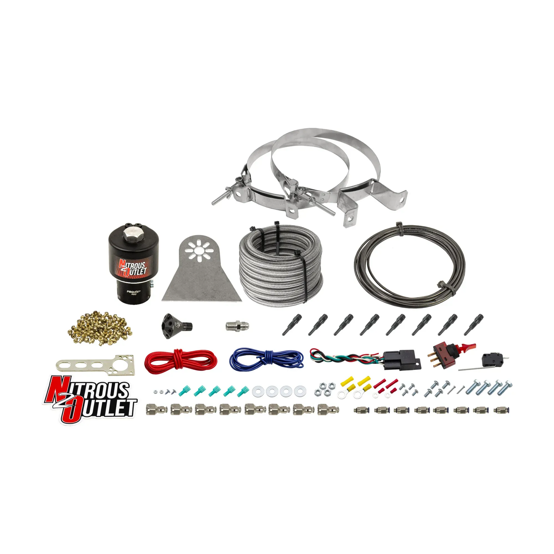 Nitrous Outlet Dry 8 Cylinder Direct Port System - .178 Trashcan Nitrous Solenoids/Nylon Hose/Showerhead Distribution Blocks/90 Degree Discharge Nozzles (100-600HP)(No Bottle)