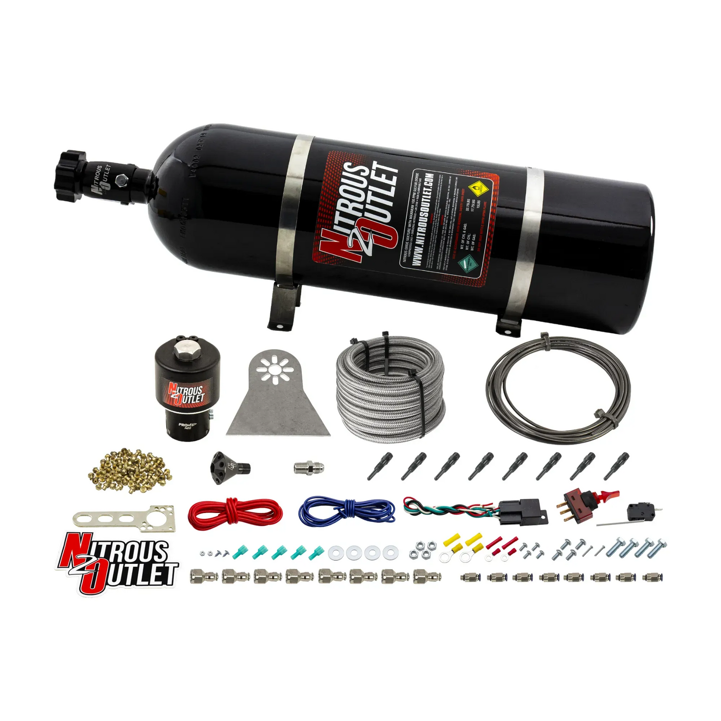 Nitrous Outlet Dry 8 Cylinder Direct Port System - .178 Trashcan Nitrous Solenoids/Nylon Hose/Showerhead Distribution Blocks/90 Degree Discharge Nozzles (100-600HP)(15lb Bottle)