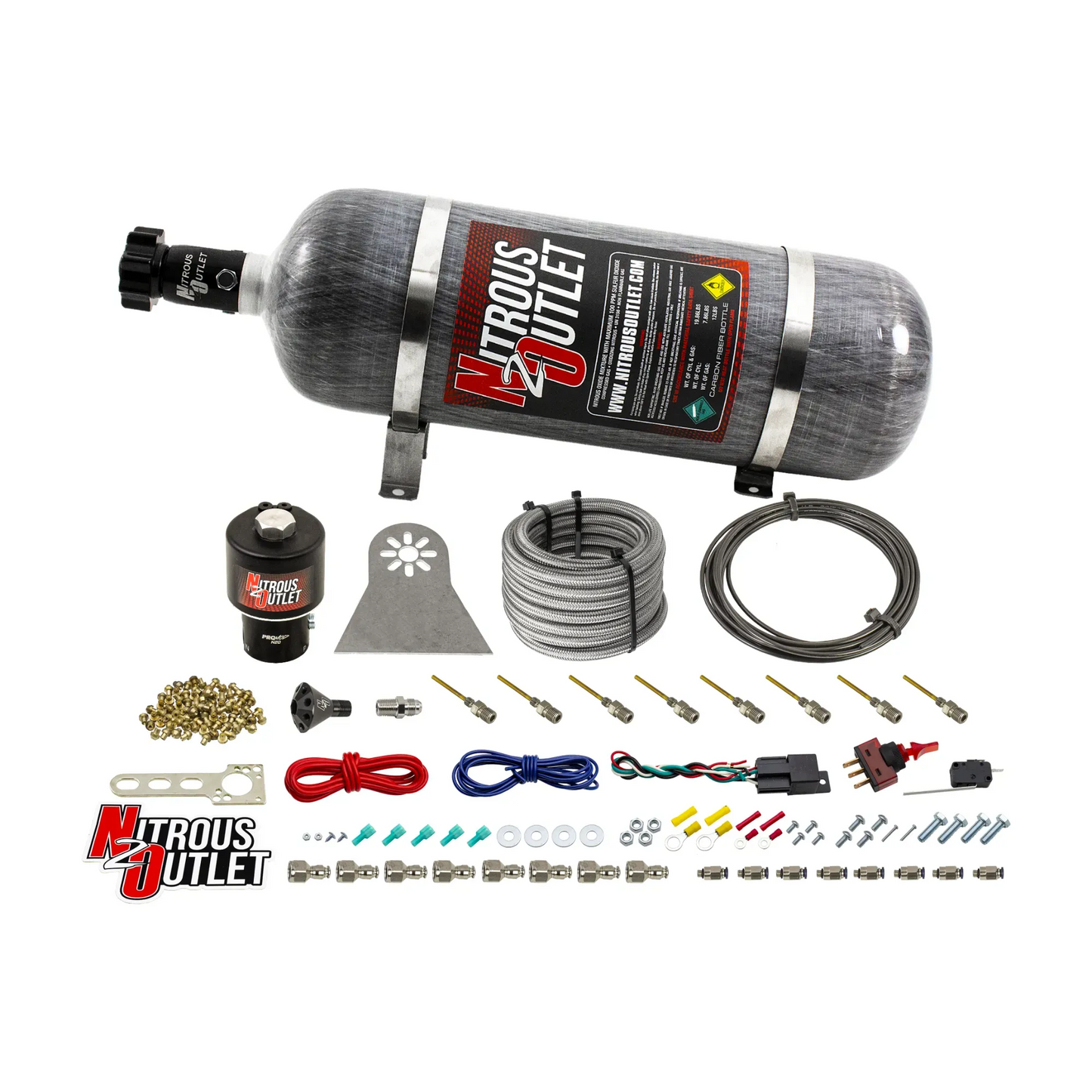 Nitrous Outlet Dry 8 Cylinder Direct Port System - .178 Trashcan Nitrous Solenoids/Nylon Hose/Showerhead Distribution Blocks/Plate Fittings (100-600HP)(12lb Bottle)