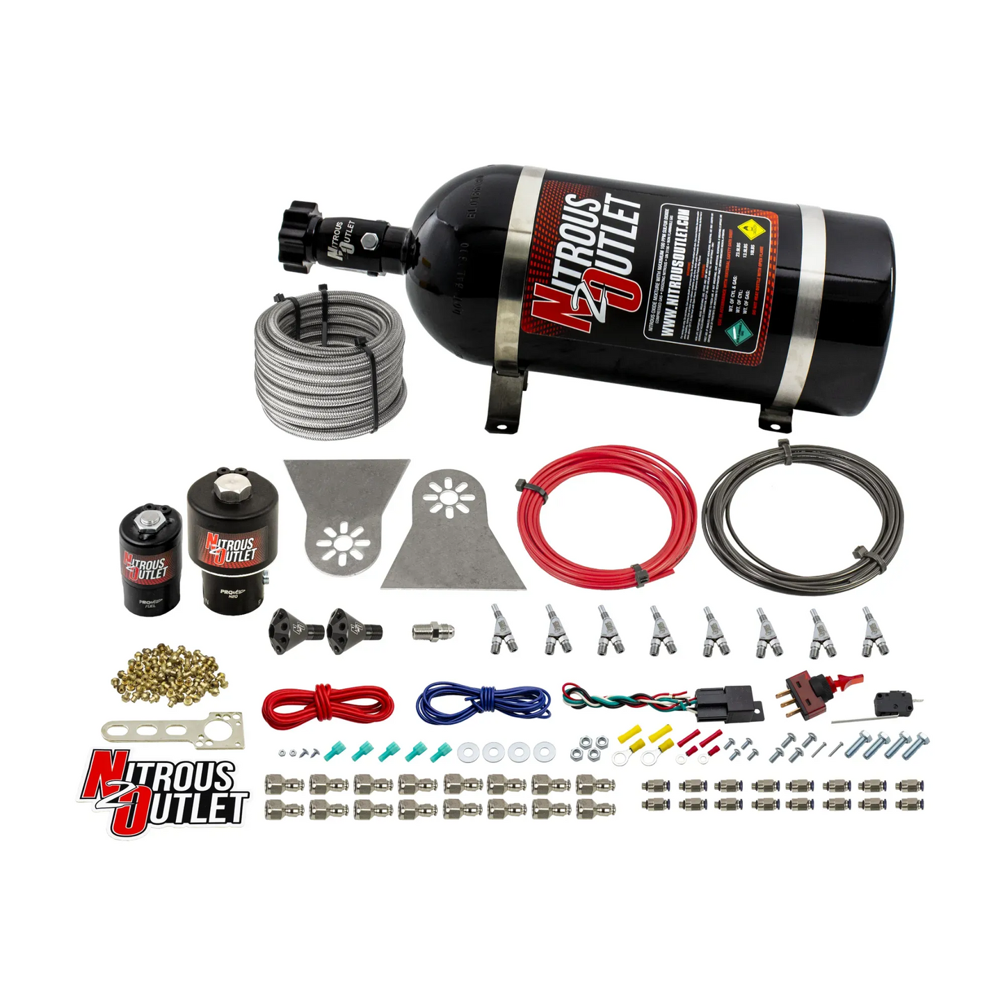Nitrous Outlet 8 Cylinder Direct Port System - .178 Trashcan Nitrous Solenoids/.310 Fuel Solenoids/Nylon Hose/Showerhead Distribution Blocks/Annular Discharge Nozzles (Gas)(5-7-10 psi)(100-600HP)(10lb Bottle)