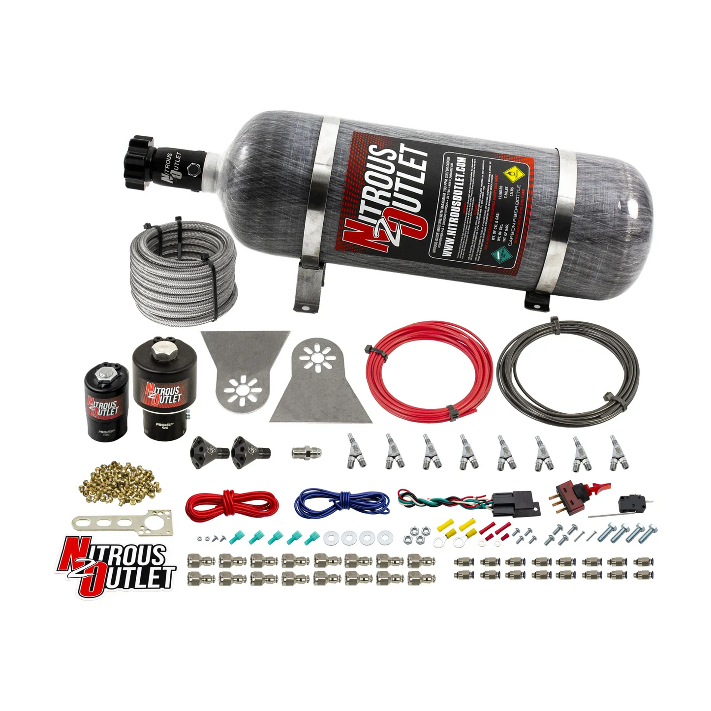 Nitrous Outlet 8 Cylinder Direct Port System - .178 Trashcan Nitrous Solenoids/.310 Fuel Solenoids/Nylon Hose/Showerhead Distribution Blocks/Annular Discharge Nozzles (Gas)(5-7-10 psi)(100-600HP)(12lb Bottle)
