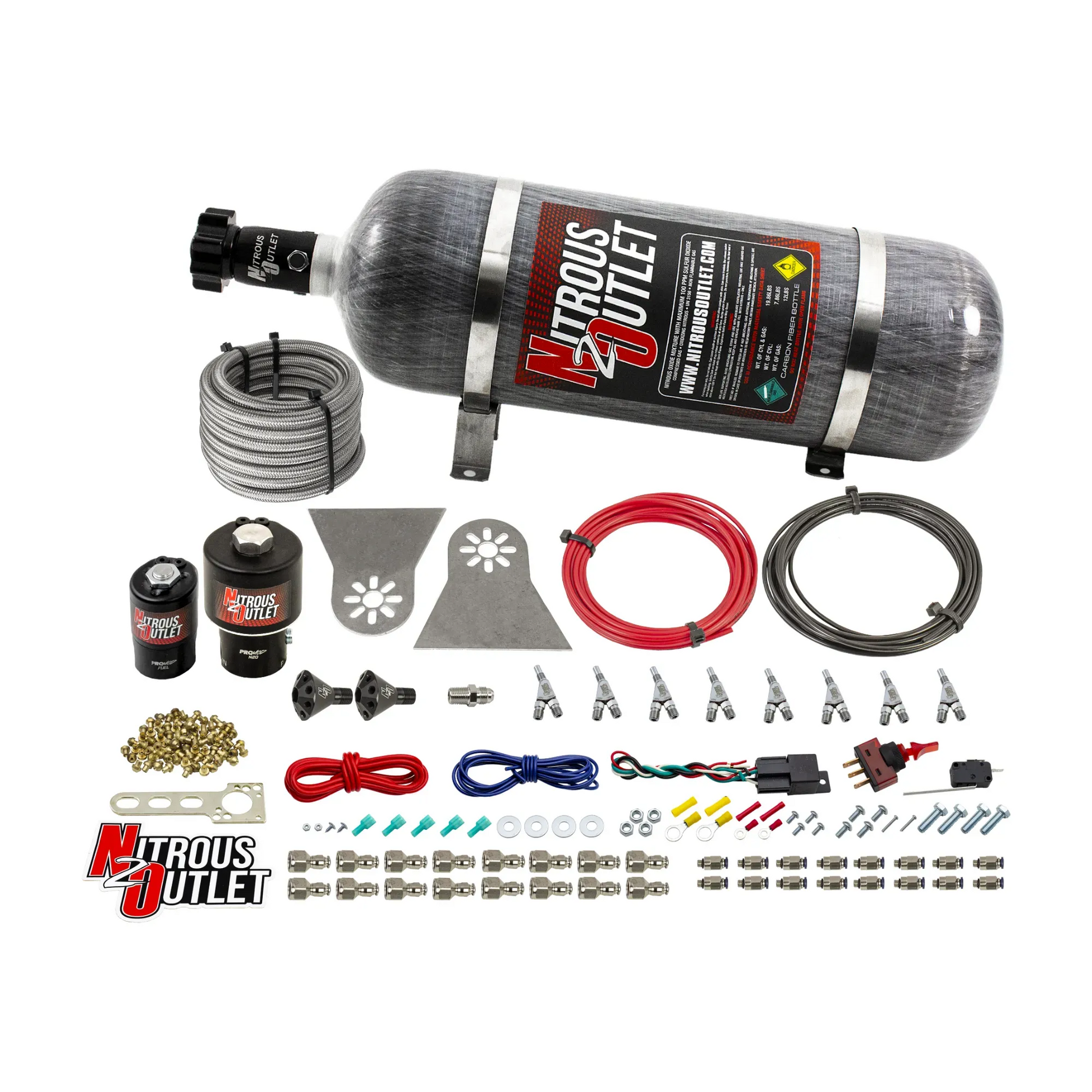 Nitrous Outlet 8 Cylinder Direct Port System - .178 Trashcan Nitrous Solenoids/.310 Fuel Solenoids/Nylon Hose/Showerhead Distribution Blocks/Annular Discharge Nozzles (Gas)(5-7-10 psi)(100-600HP)(12lb Bottle)