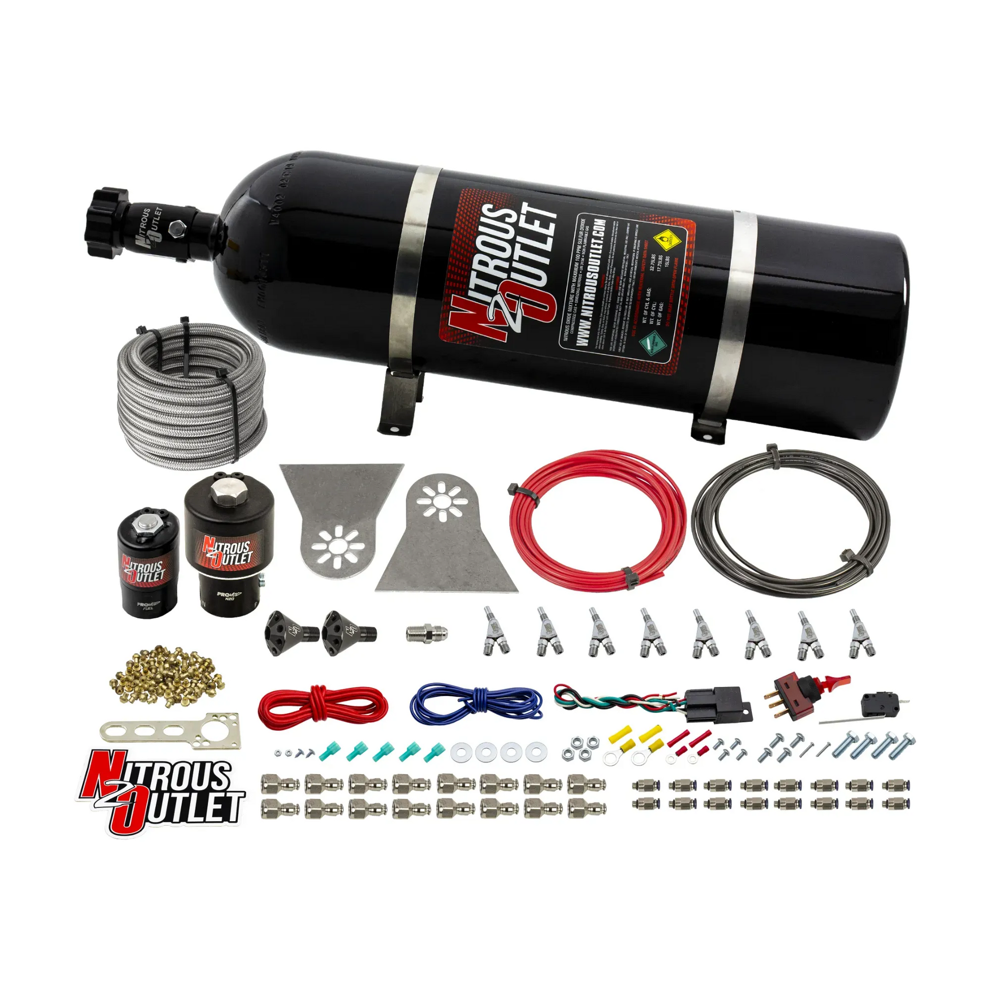 Nitrous Outlet 8 Cylinder Direct Port System - .178 Trashcan Nitrous Solenoids/.310 Fuel Solenoids/Nylon Hose/Showerhead Distribution Blocks/Annular Discharge Nozzles (Gas)(5-7-10 psi)(100-600HP)(15lb Bottle)