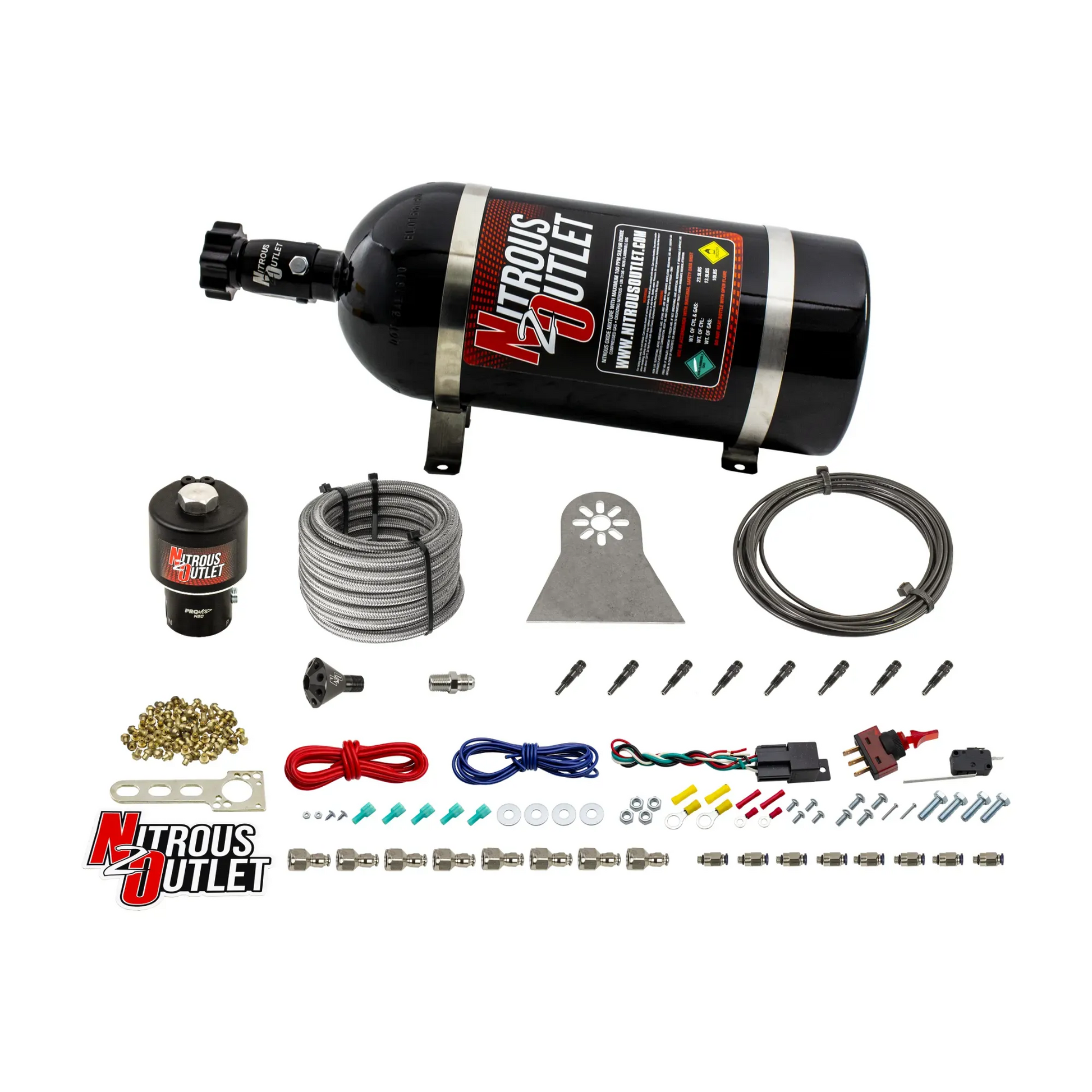 Nitrous Outlet Dry 8 Cylinder Direct Port System - .178 Trashcan Nitrous Solenoids/Nylon Hose/Showerhead Distribution Blocks/Straight Discharge Nozzles (100-600HP)(10lb Bottle)