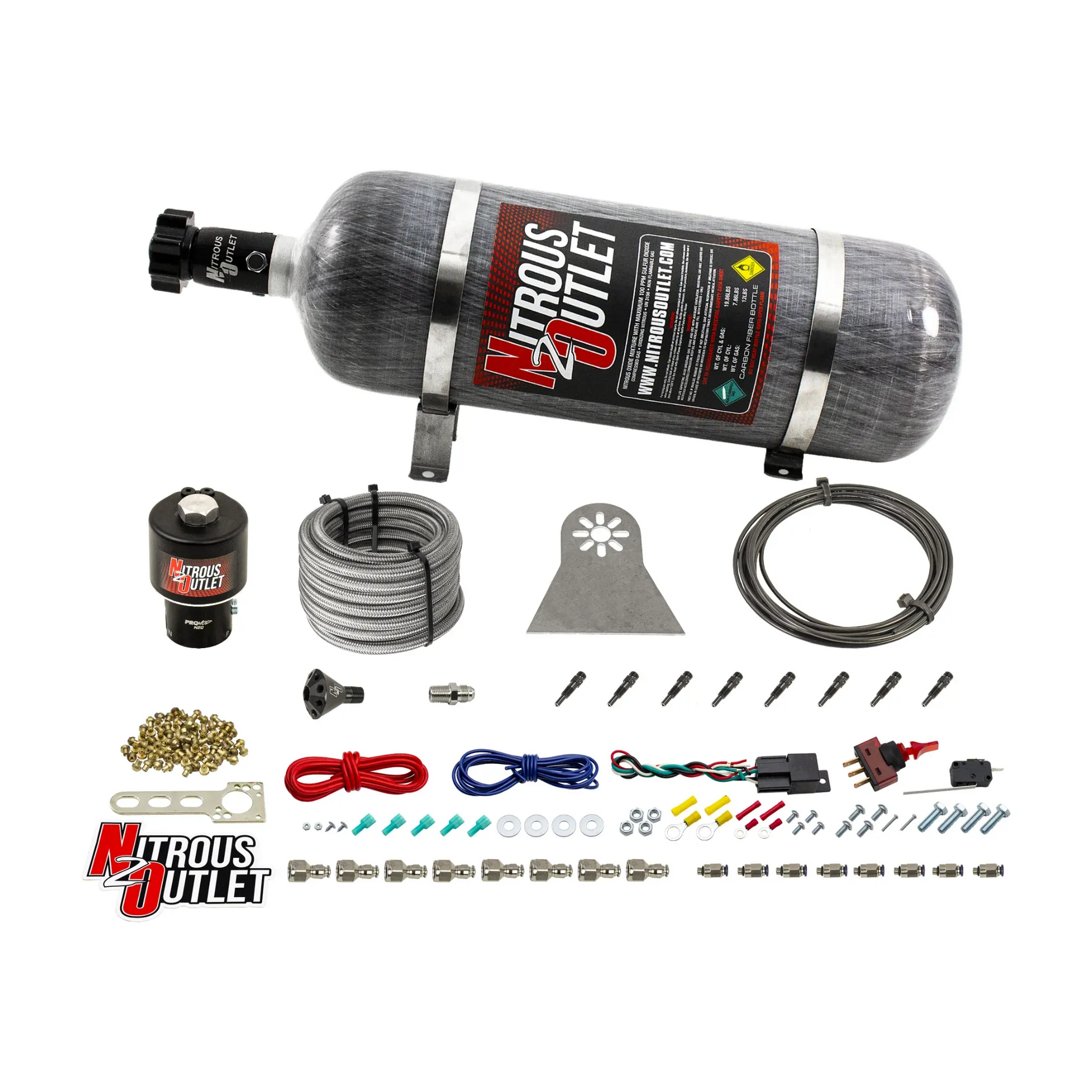 Nitrous Outlet Dry 8 Cylinder Direct Port System - .178 Trashcan Nitrous Solenoids/Nylon Hose/Showerhead Distribution Blocks/Straight Discharge Nozzles (100-600HP)(12lb Bottle)