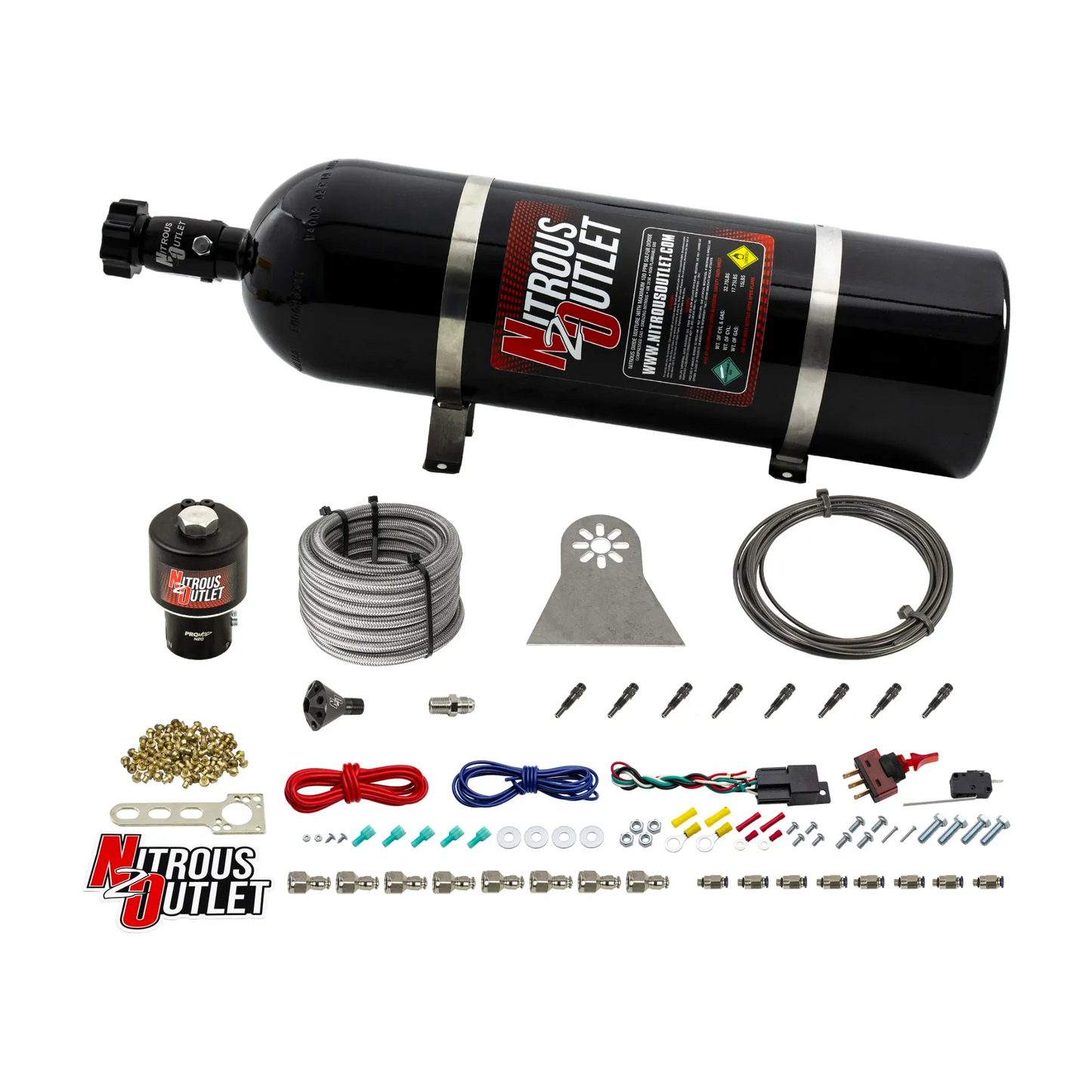 Nitrous Outlet Dry 8 Cylinder Direct Port System - .178 Trashcan Nitrous Solenoids/Nylon Hose/Showerhead Distribution Blocks/Straight Discharge Nozzles (100-600HP)(15lb Bottle)