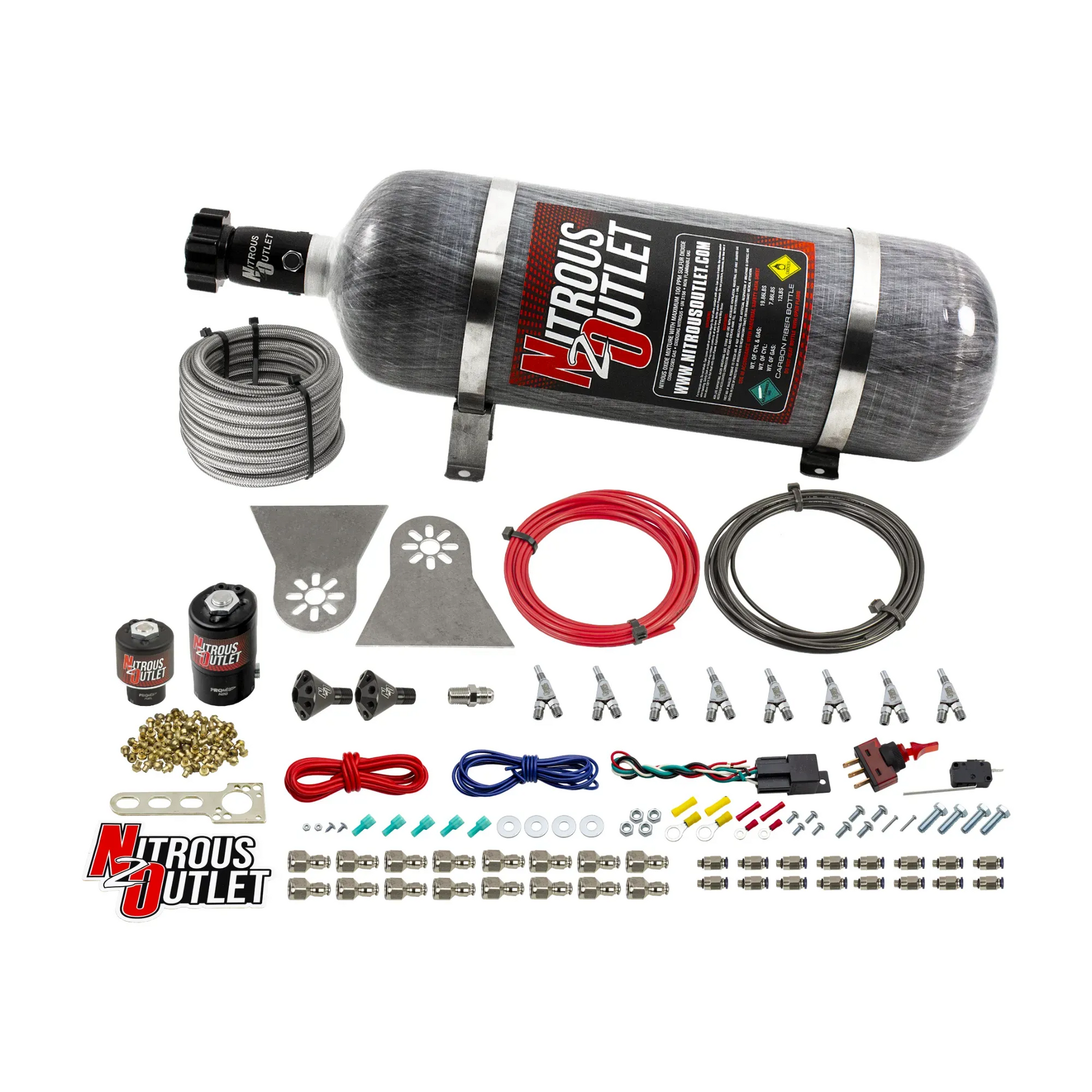 Nitrous Outlet 8 Cylinder Direct Port System - .122 Nitrous Solenoids/.177 Fuel Solenoids/Nylon Hose/Showerhead Distribution Blocks/Annular Discharge Nozzles (Gas)(45-55 psi)(100-500HP)(12lb Bottle)