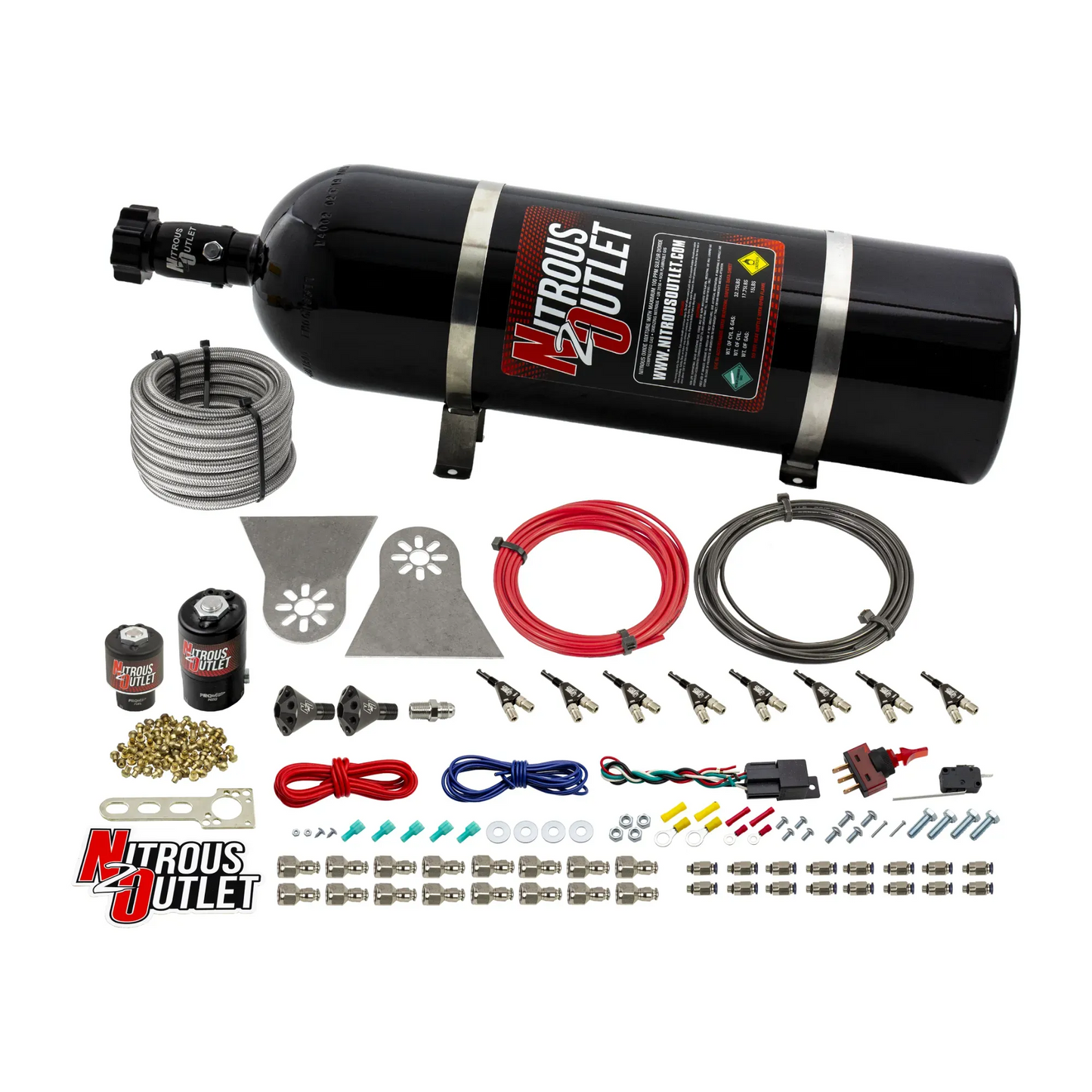 Nitrous Outlet 8 Cylinder Direct Port System - .112 Nitrous Solenoids/.177 Fuel Solenoids/Nylon Hose/Showerhead Distribution Blocks/90 Degree Discharge Nozzles (Gas)(45-55 psi)(100-400HP)(15lb Bottle)