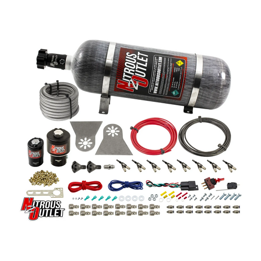 Nitrous Outlet 8 Cylinder Direct Port System - .178 Trashcan Nitrous Solenoids/.310 Fuel Solenoids/Nylon Hose/Showerhead Distribution Blocks/90 Degree Discharge Nozzles (Gas)(45-55 psi)(100-600HP)(12lb Bottle)