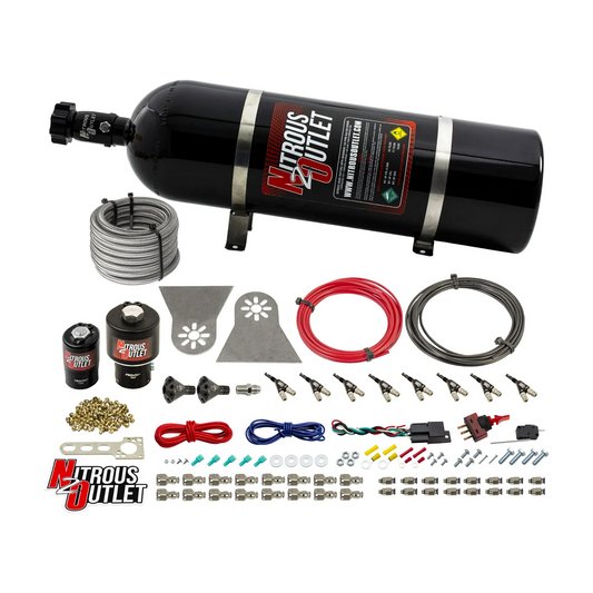 Nitrous Outlet 8 Cylinder Direct Port System - .178 Trashcan Nitrous Solenoids/.310 Fuel Solenoids/Nylon Hose/Showerhead Distribution Blocks/90 Degree Discharge Nozzles (Gas)(45-55 psi)(100-600HP)(15lb Bottle)